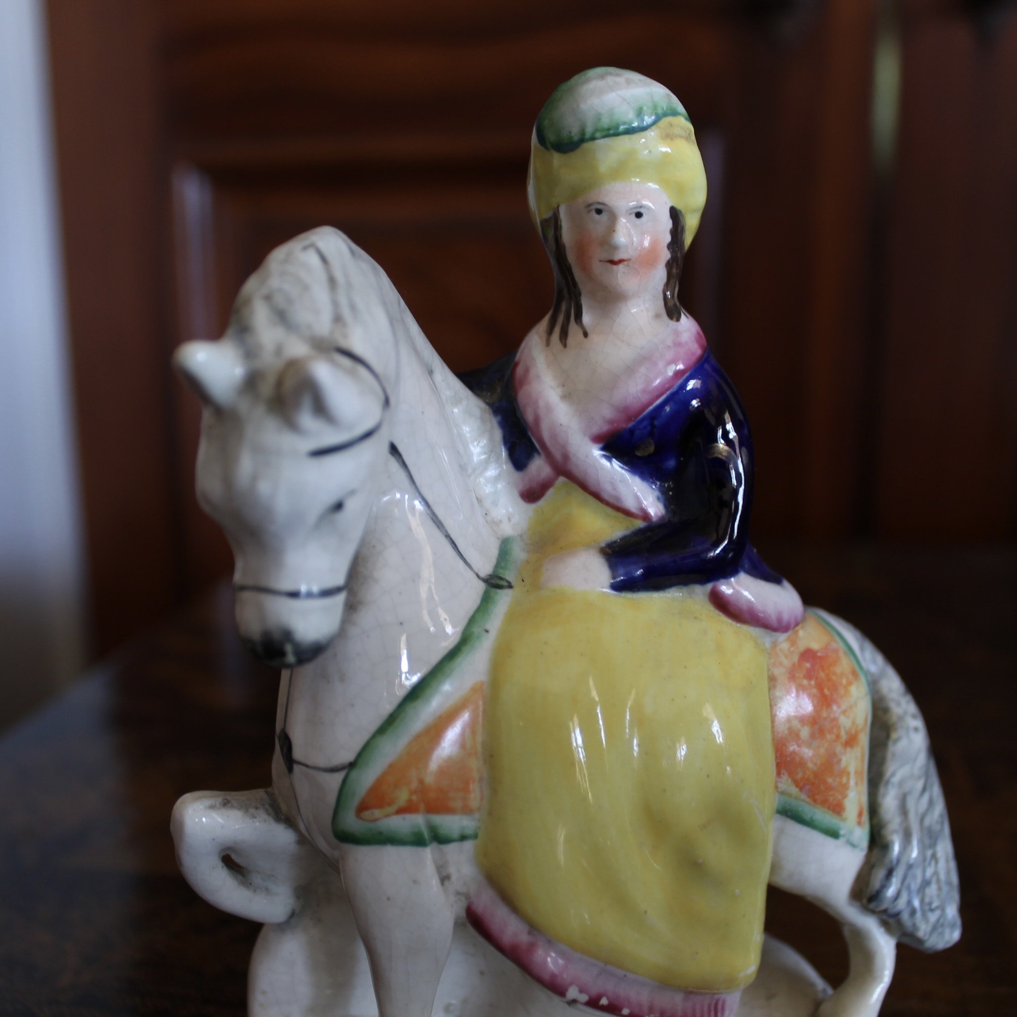 Pair of Staffordshire Finely Dressed Figures Lady and Gentleman, Mounted on Horses