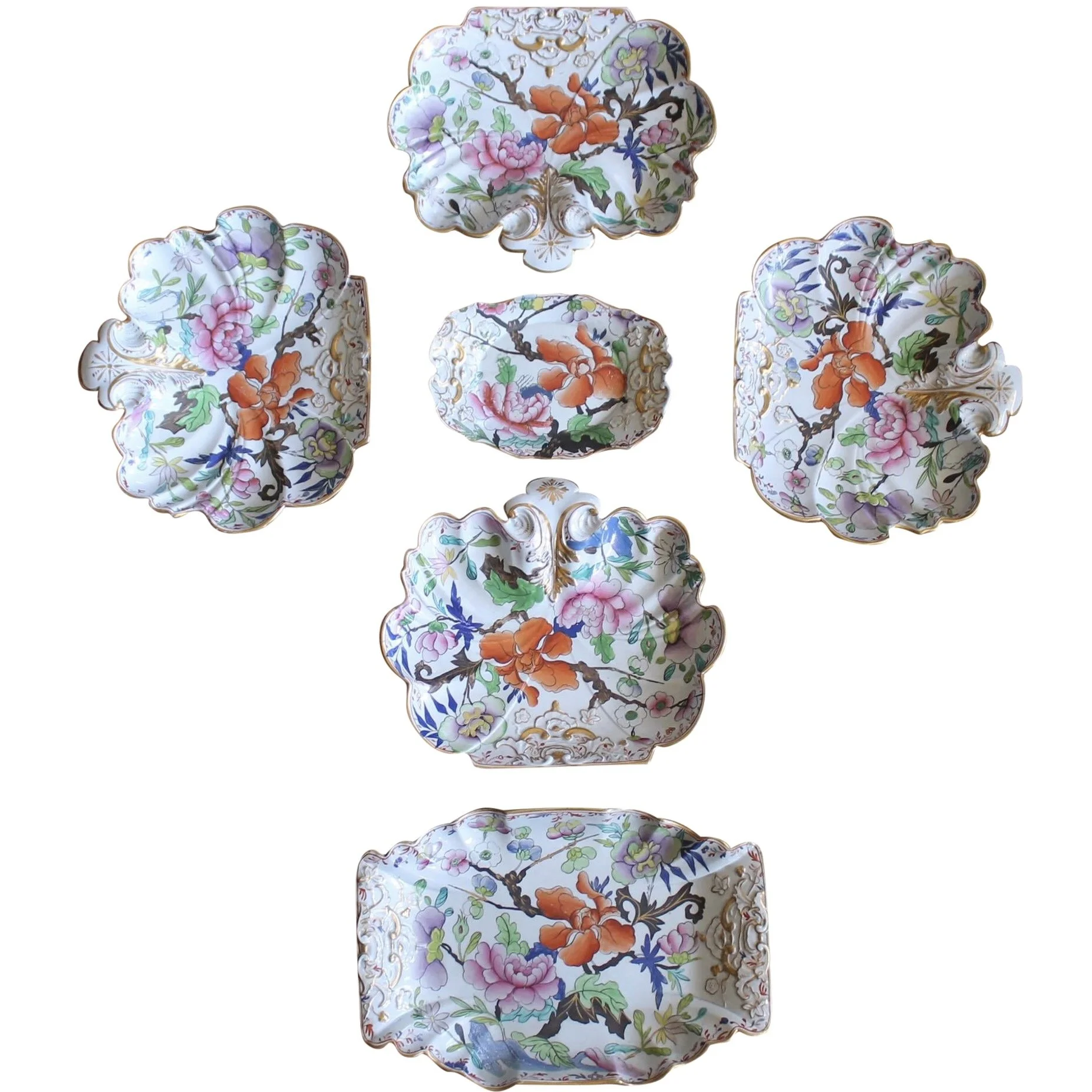 Rare Set of Early Mason’s Ironstone Porcelain, Unusual Shapes, 6 Pieces