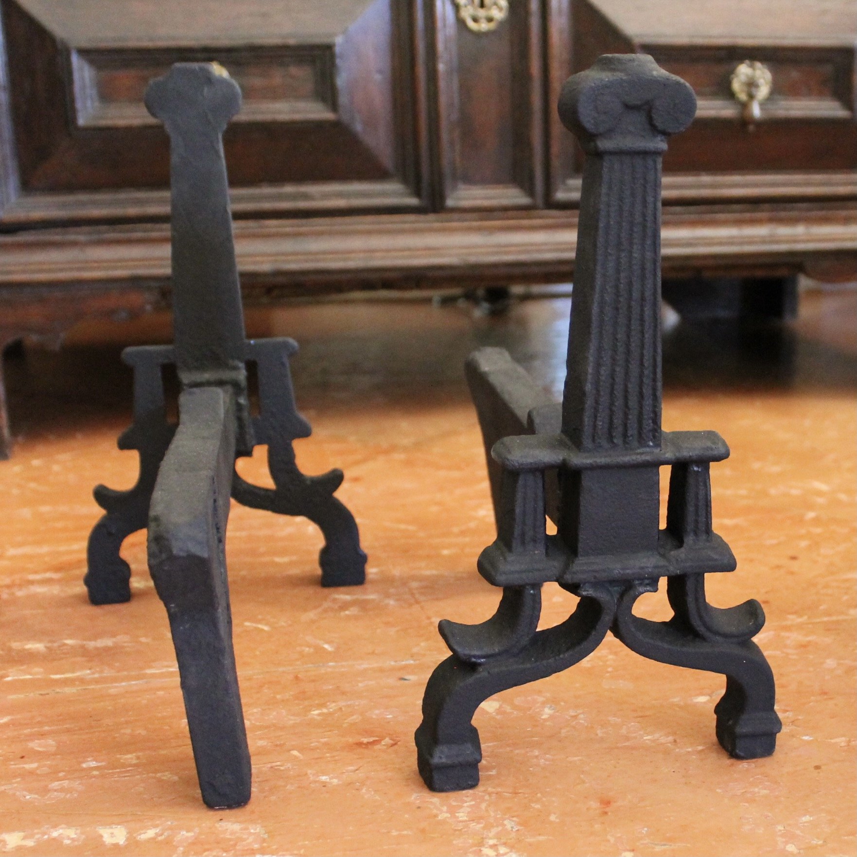 Pair of Small Cast Iron American Column Form Andirons