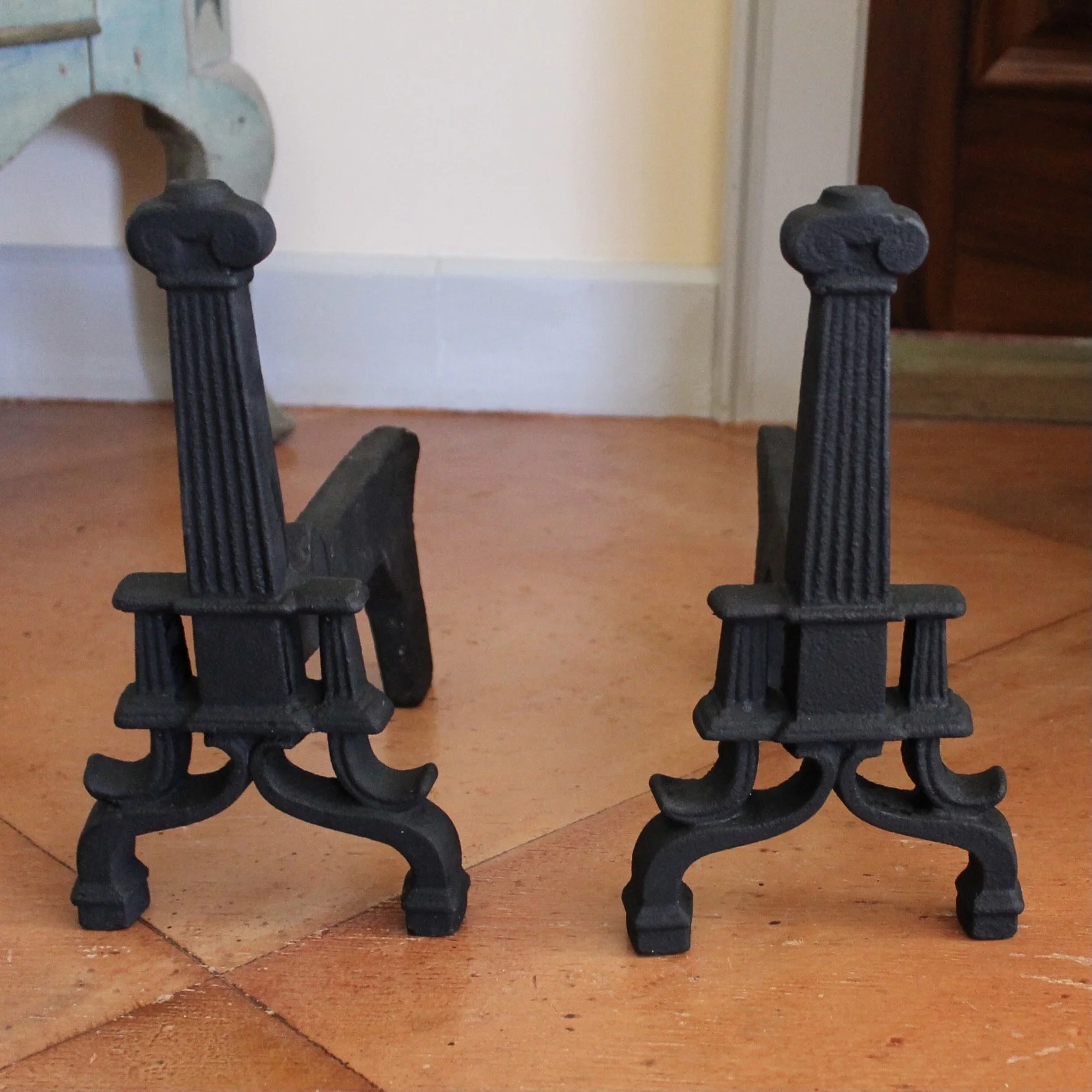 Pair of Small Cast Iron American Column Form Andirons