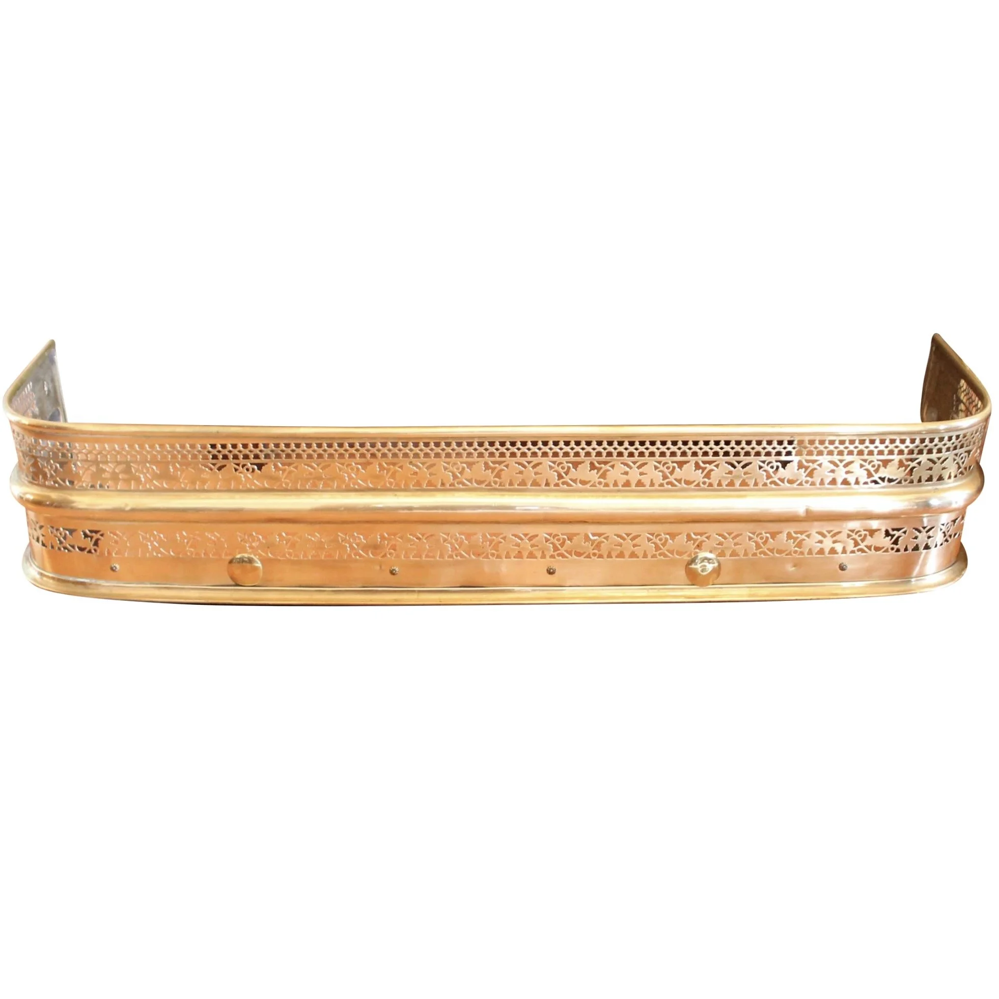 American Brass Fireplace Fender with Leaf Pattern Fretwork