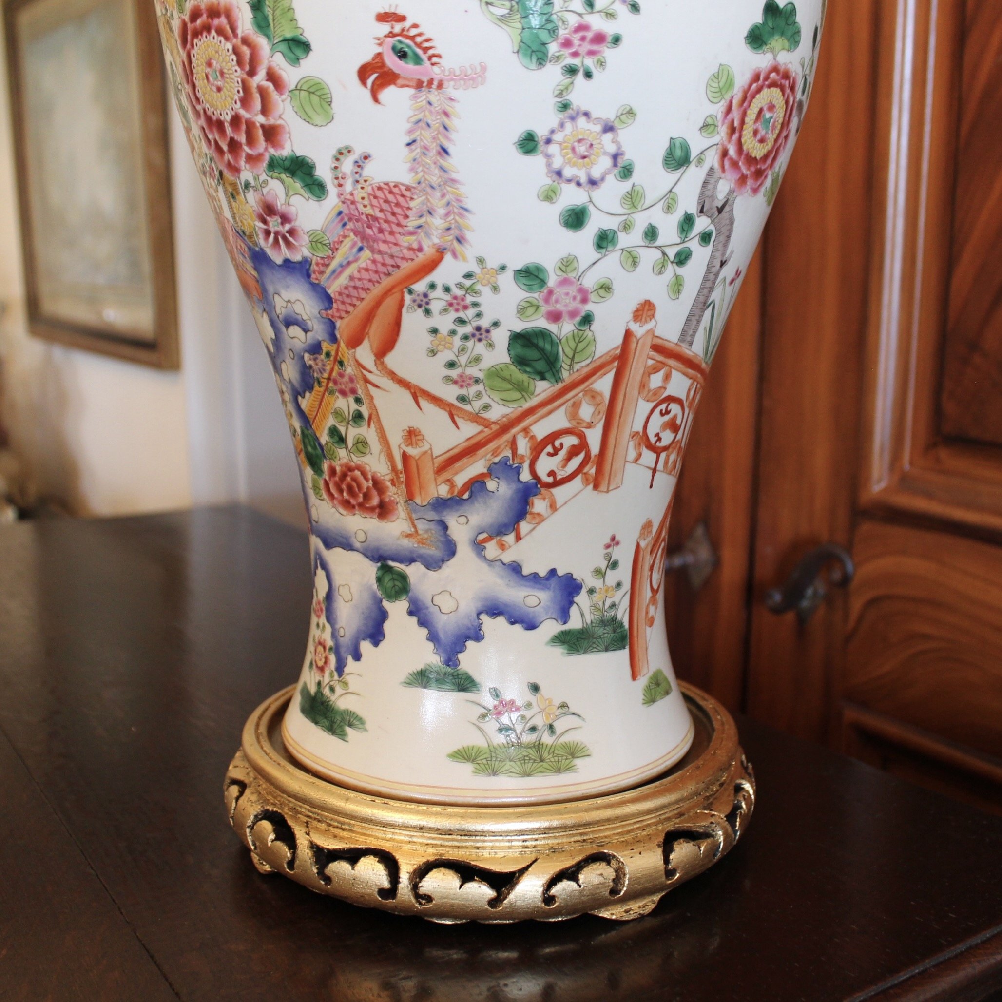 Large Famille Rose Chinese Covered Porcelain Ginger Jar with Garden Decoration