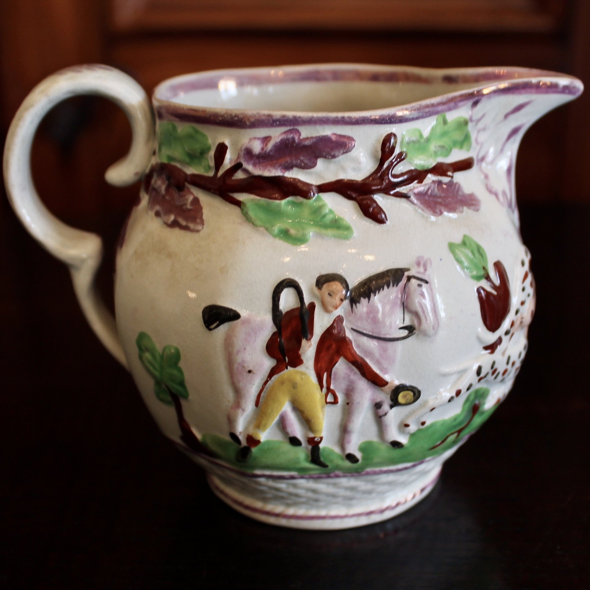 Antique Staffordshire Prattware Jug, with Hunting Scene, ca. 1800