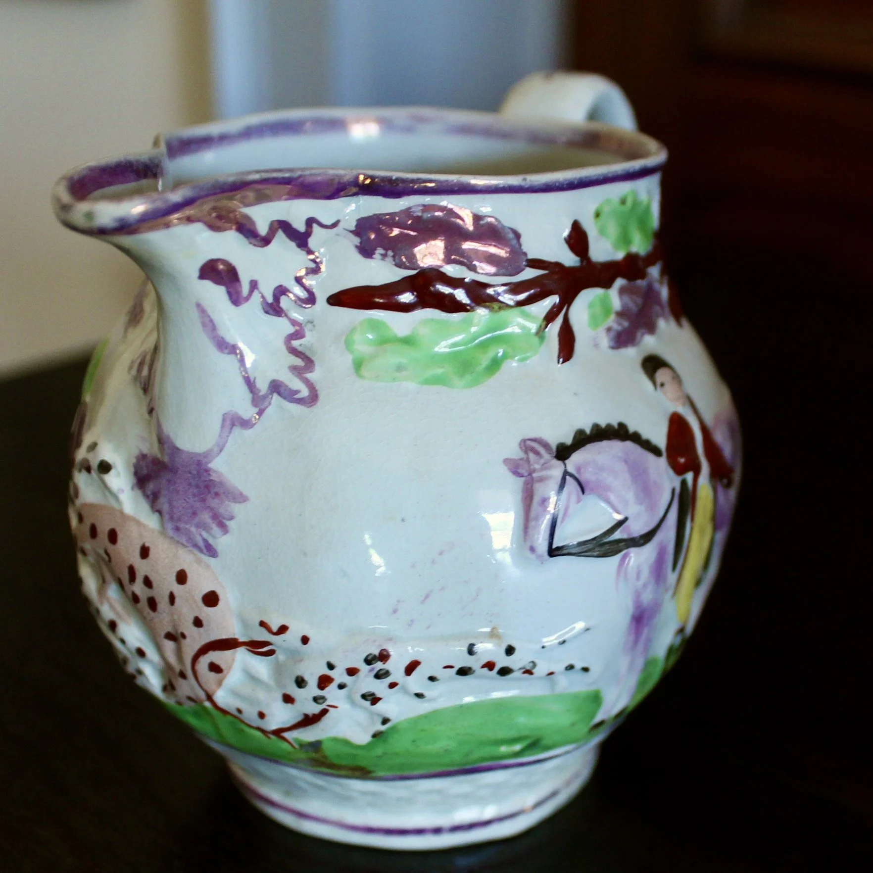 Antique Staffordshire Prattware Jug, with Hunting Scene, ca. 1800
