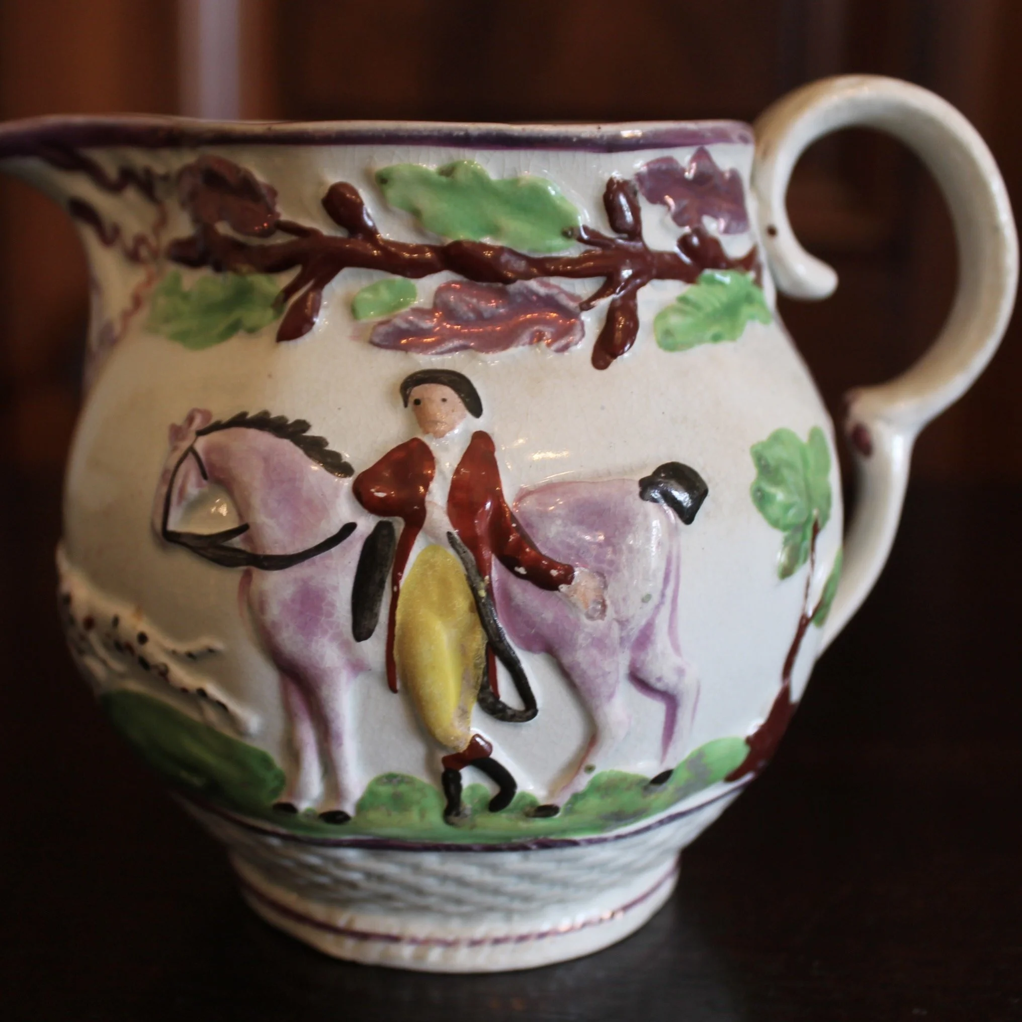 Antique Staffordshire Prattware Jug, with Hunting Scene, ca. 1800