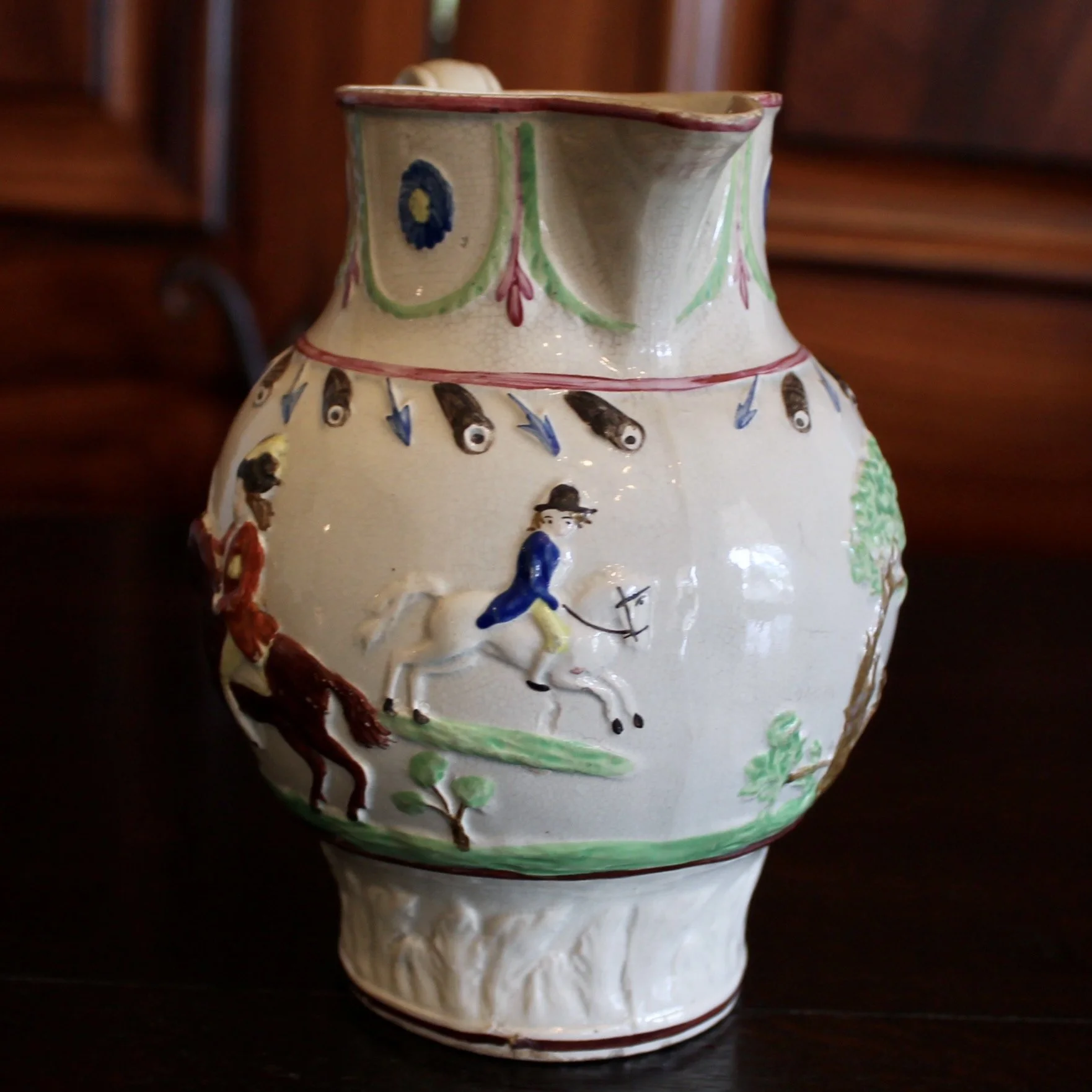 Military Theme Antique Staffordshire Prattware Jug, ca. 1790