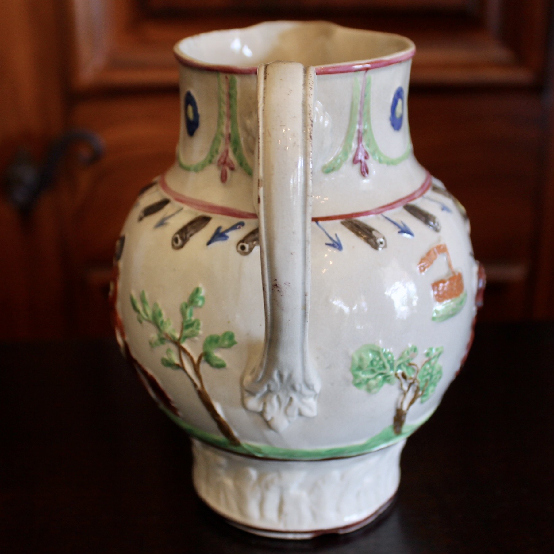 Military Theme Antique Staffordshire Prattware Jug, ca. 1790