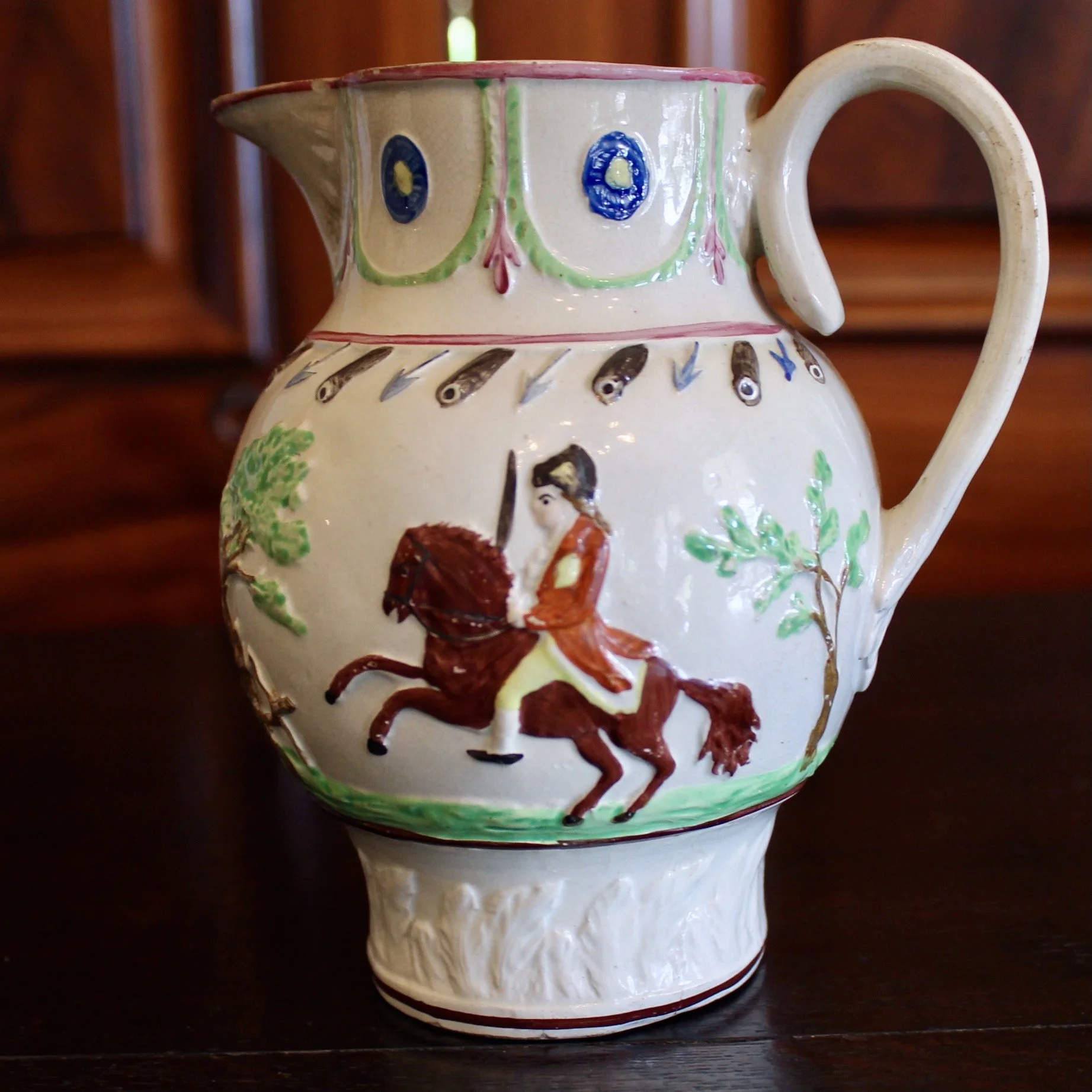 Military Theme Antique Staffordshire Prattware Jug, ca. 1790