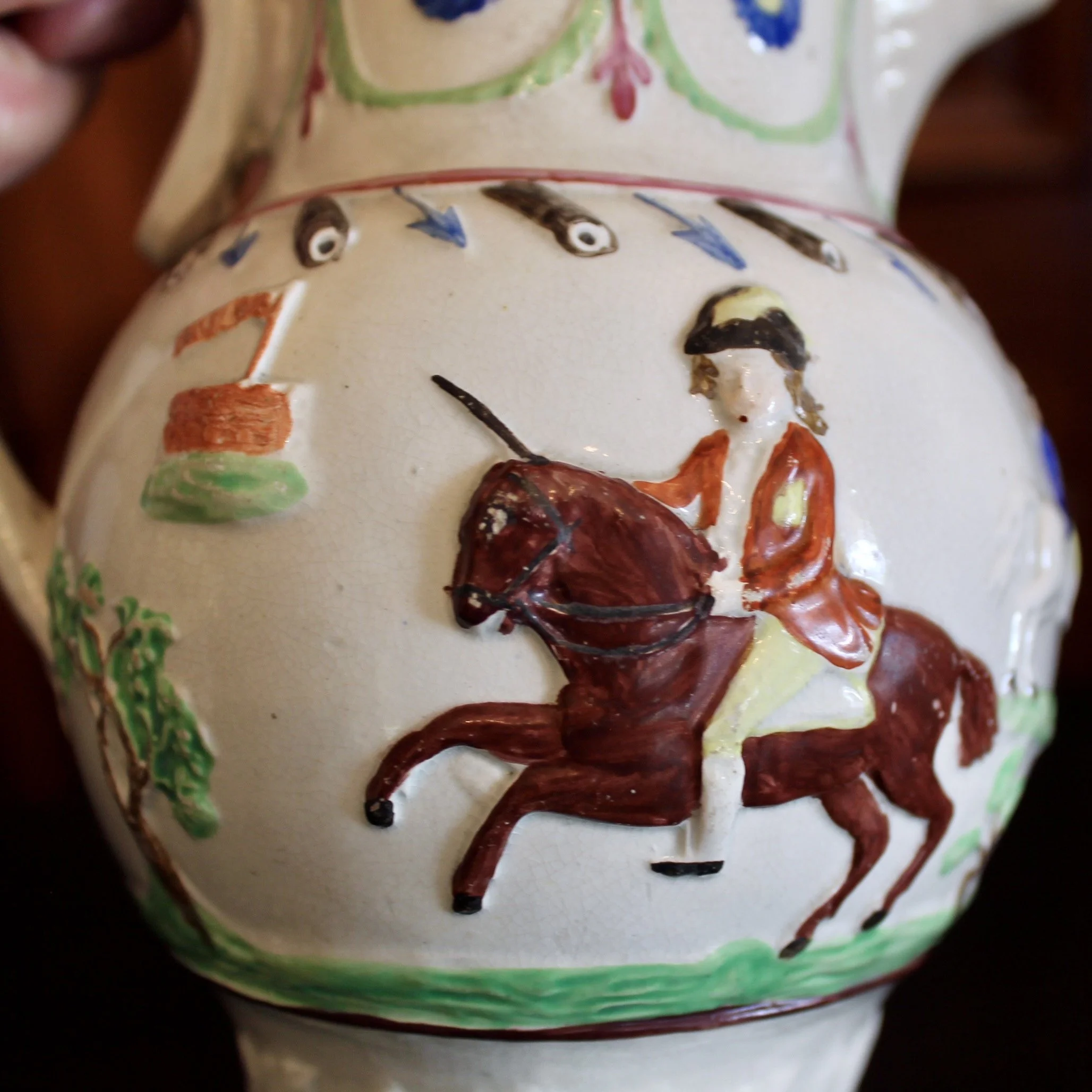 Military Theme Antique Staffordshire Prattware Jug, ca. 1790