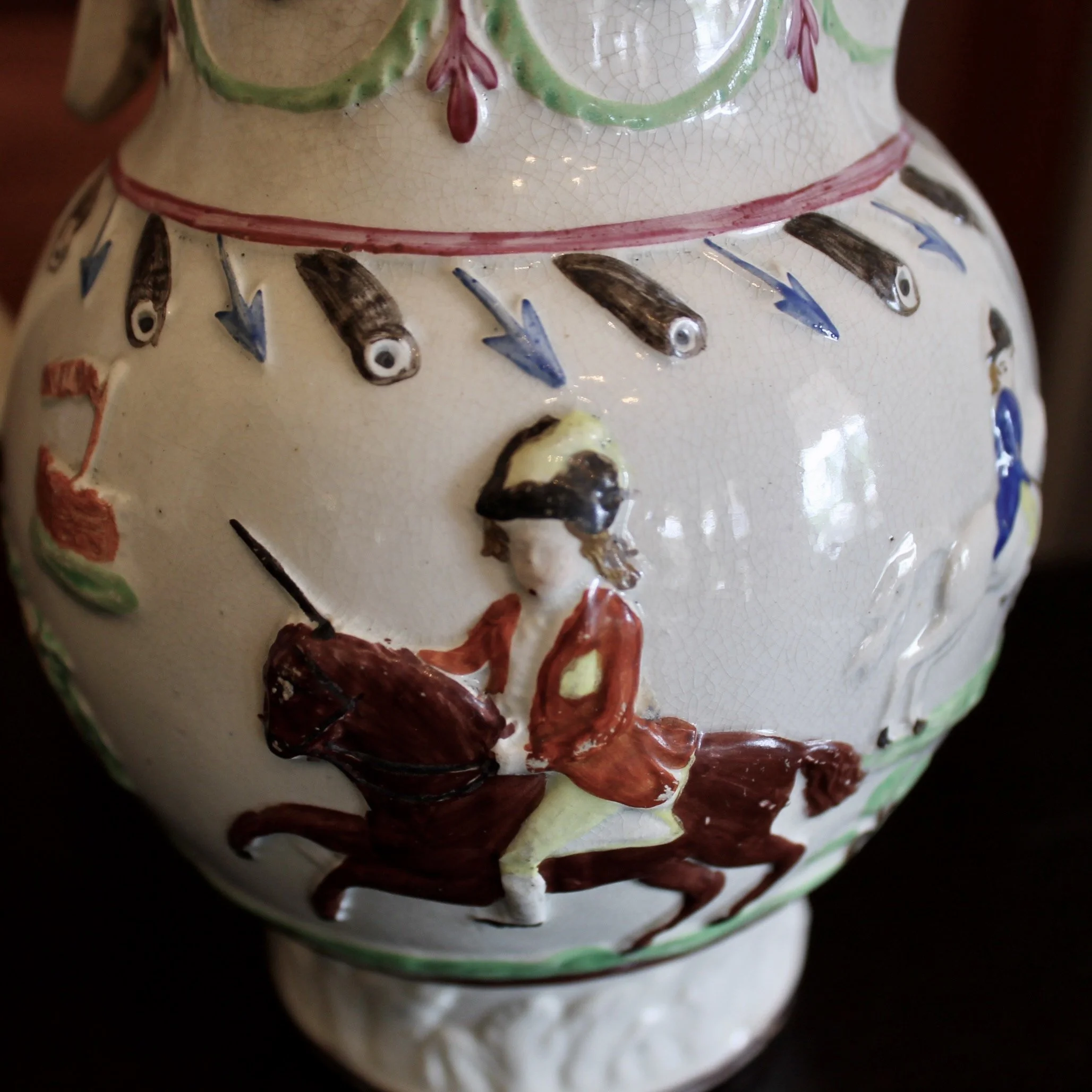 Military Theme Antique Staffordshire Prattware Jug, ca. 1790