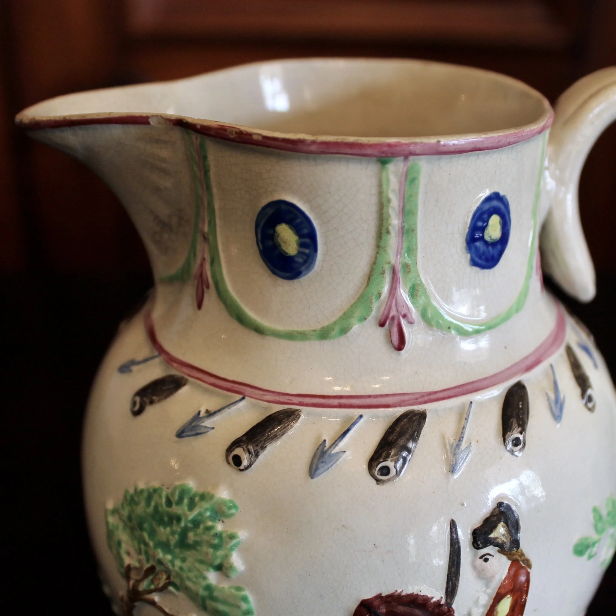 Military Theme Antique Staffordshire Prattware Jug, ca. 1790