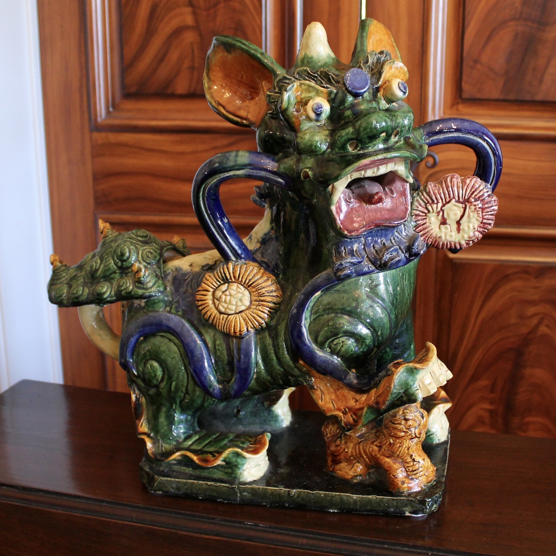 Large Chinese Sancai Glazed Terracotta Foo Dog