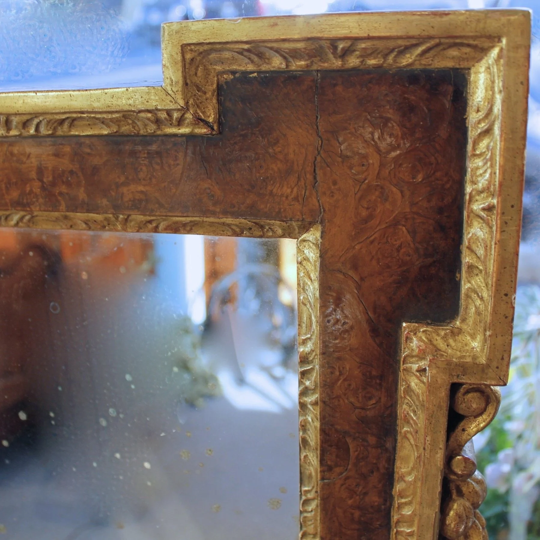 George II Style Burl Walnut and Parcel Gilt Mirror (Overmantel Mirror)