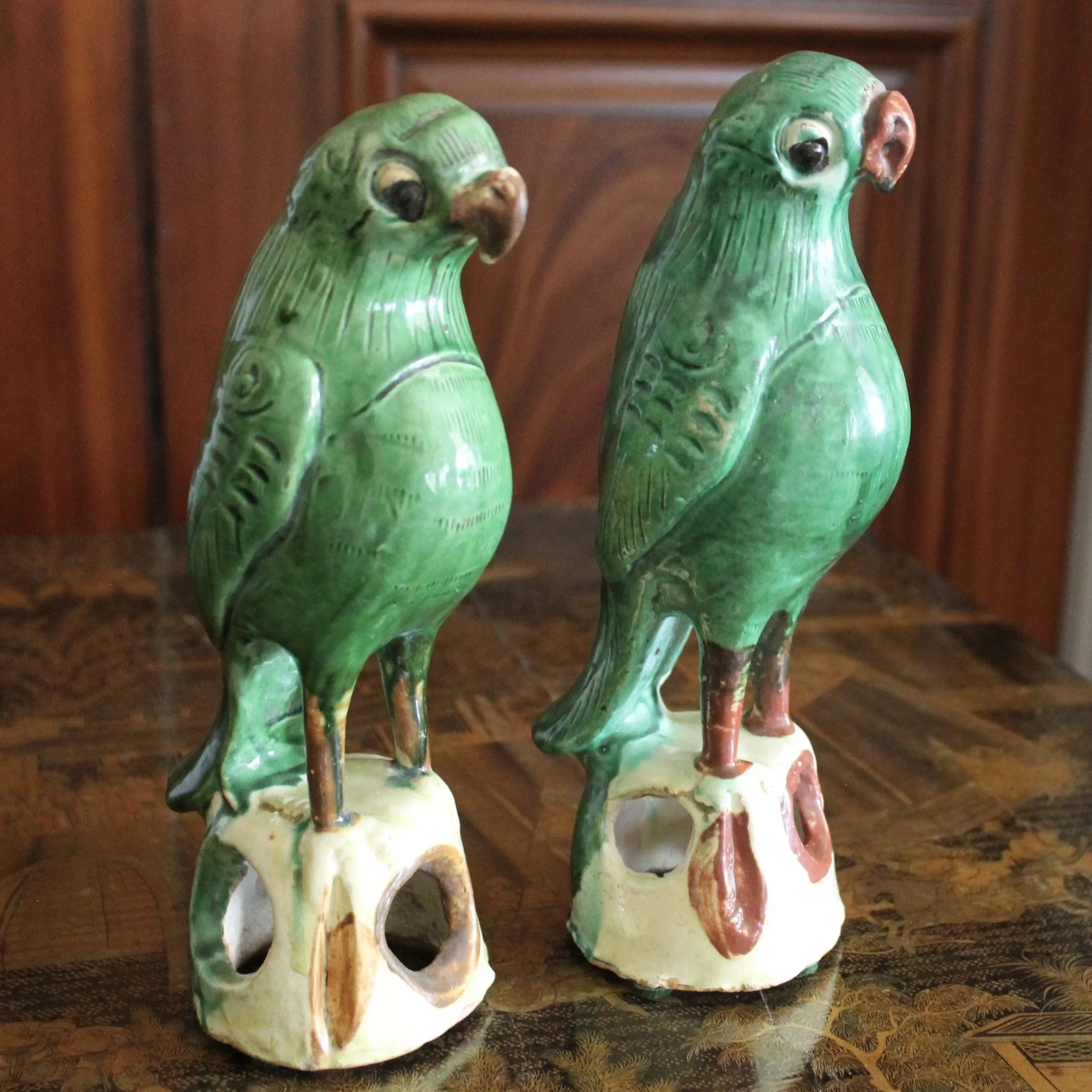 Pair of Antique Sancai Glazed Chinese Earthenware Parrots
