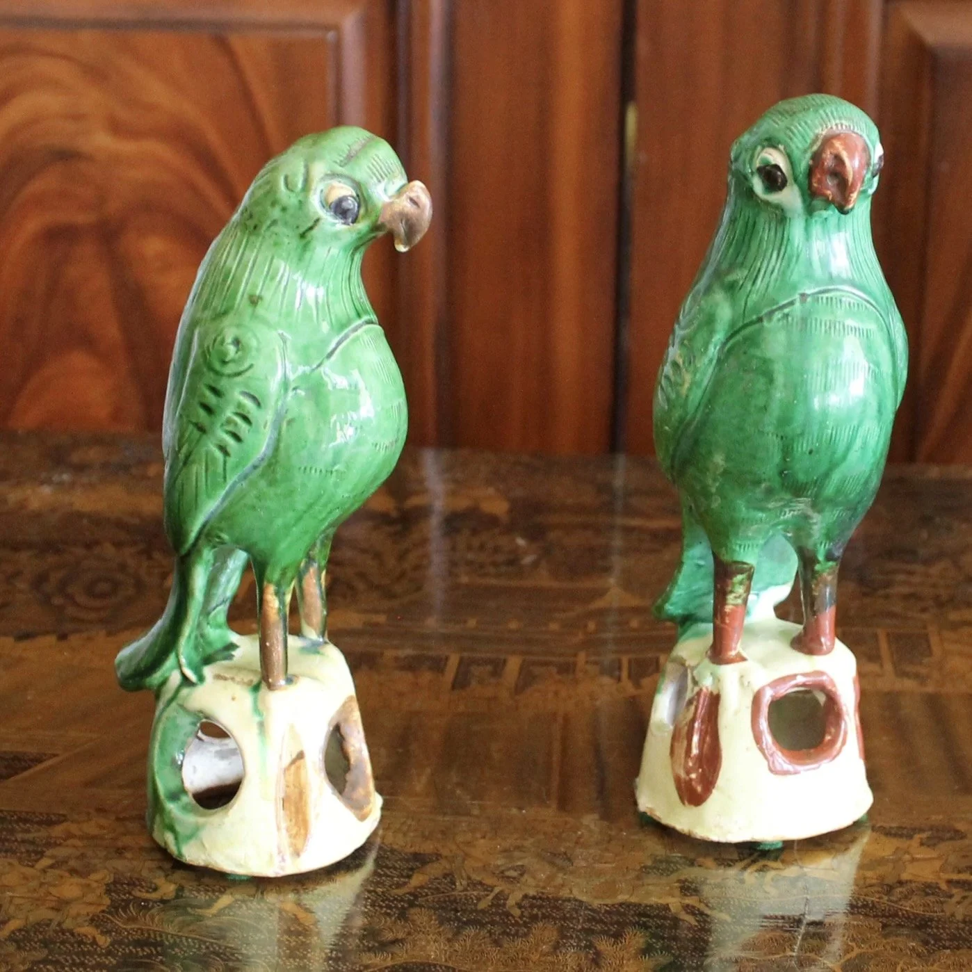 Pair of Antique Sancai Glazed Chinese Earthenware Parrots