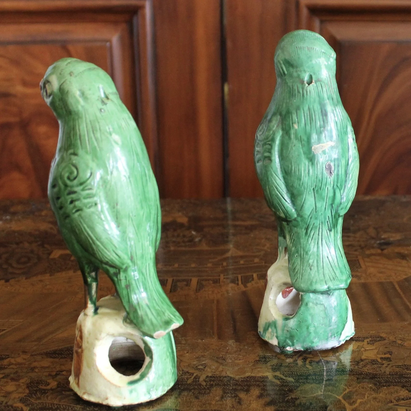 Pair of Antique Sancai Glazed Chinese Earthenware Parrots