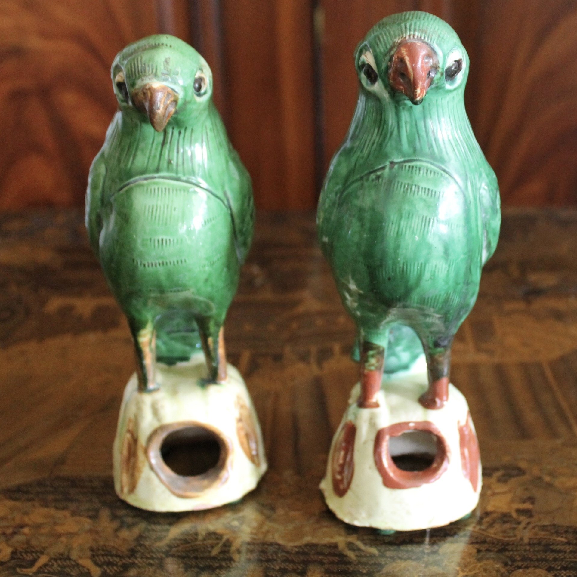 Pair of Antique Sancai Glazed Chinese Earthenware Parrots