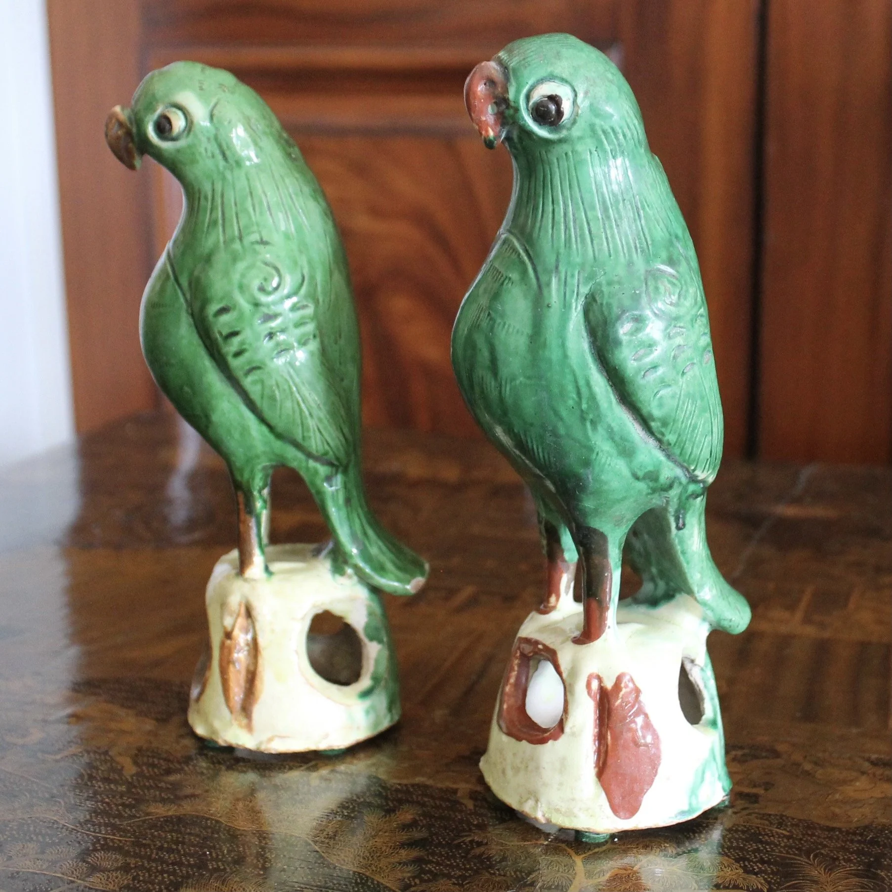 Pair of Antique Sancai Glazed Chinese Earthenware Parrots