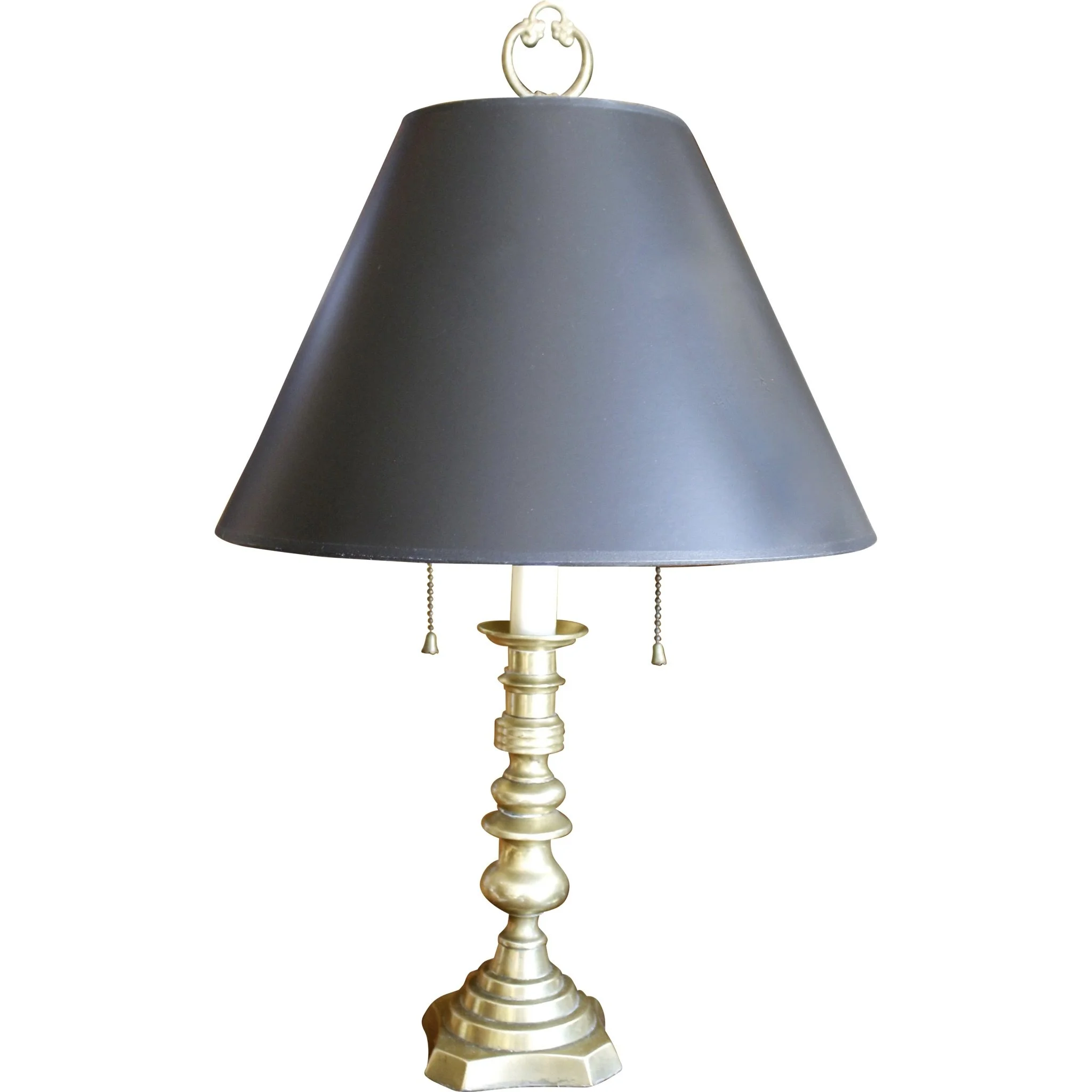 English Brass Candlestick Lamp with Black Shade