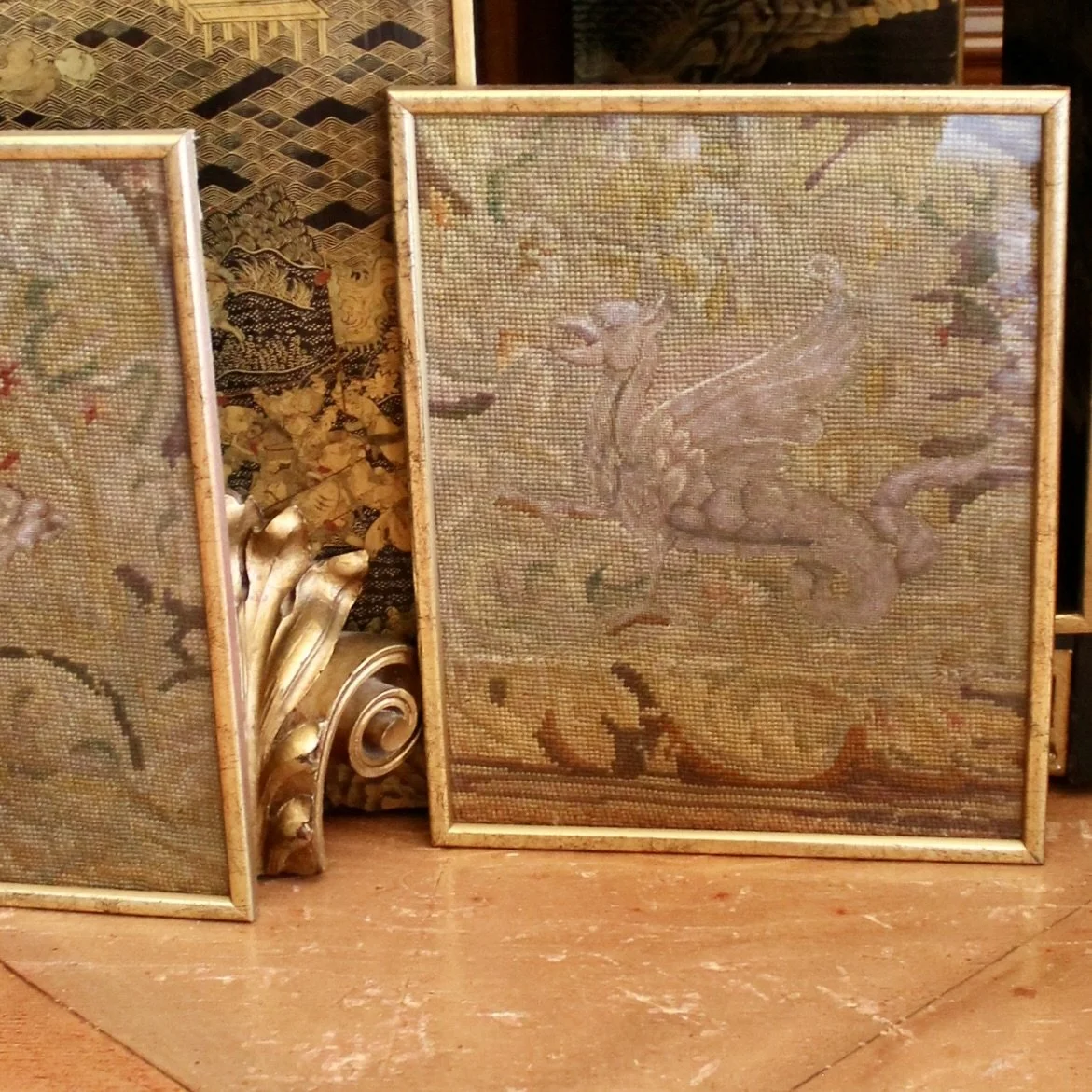 Pair of Framed Antique English Needlework Fragments with Wyverns, 19th Century