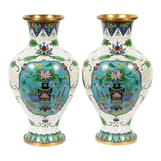 Pair of Colorful Chinese Cloisonné Vases