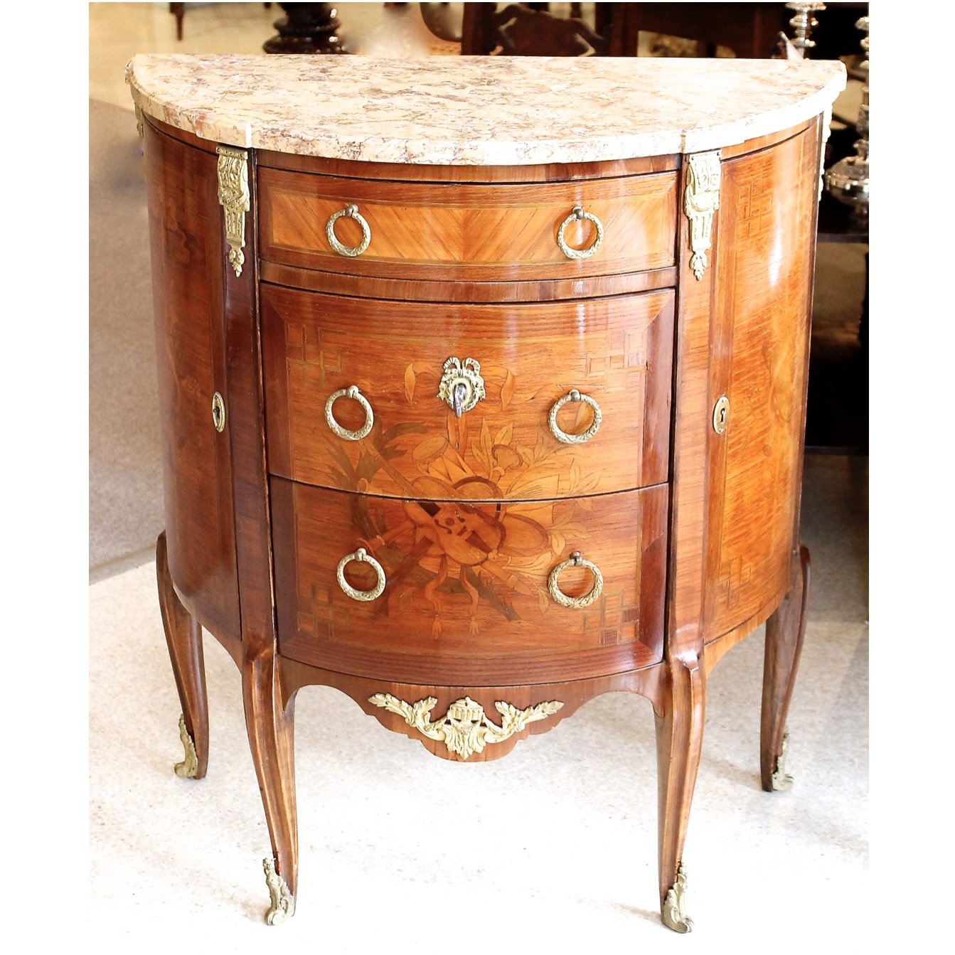 French Transitional Style Marquetry Demilune Marble Top Cabinet
