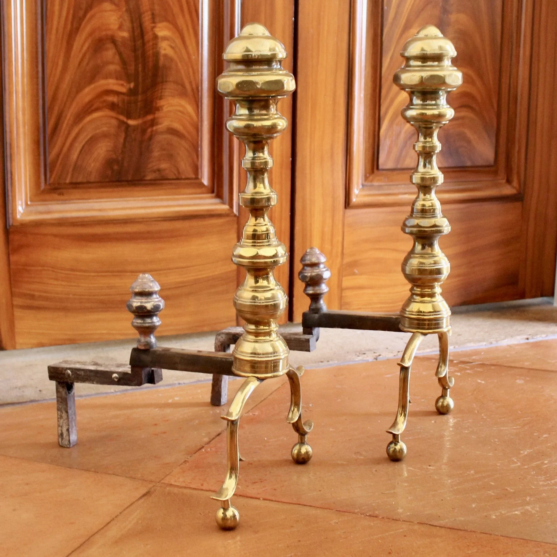Pair of Antique American Brass Andirons with Short Billets