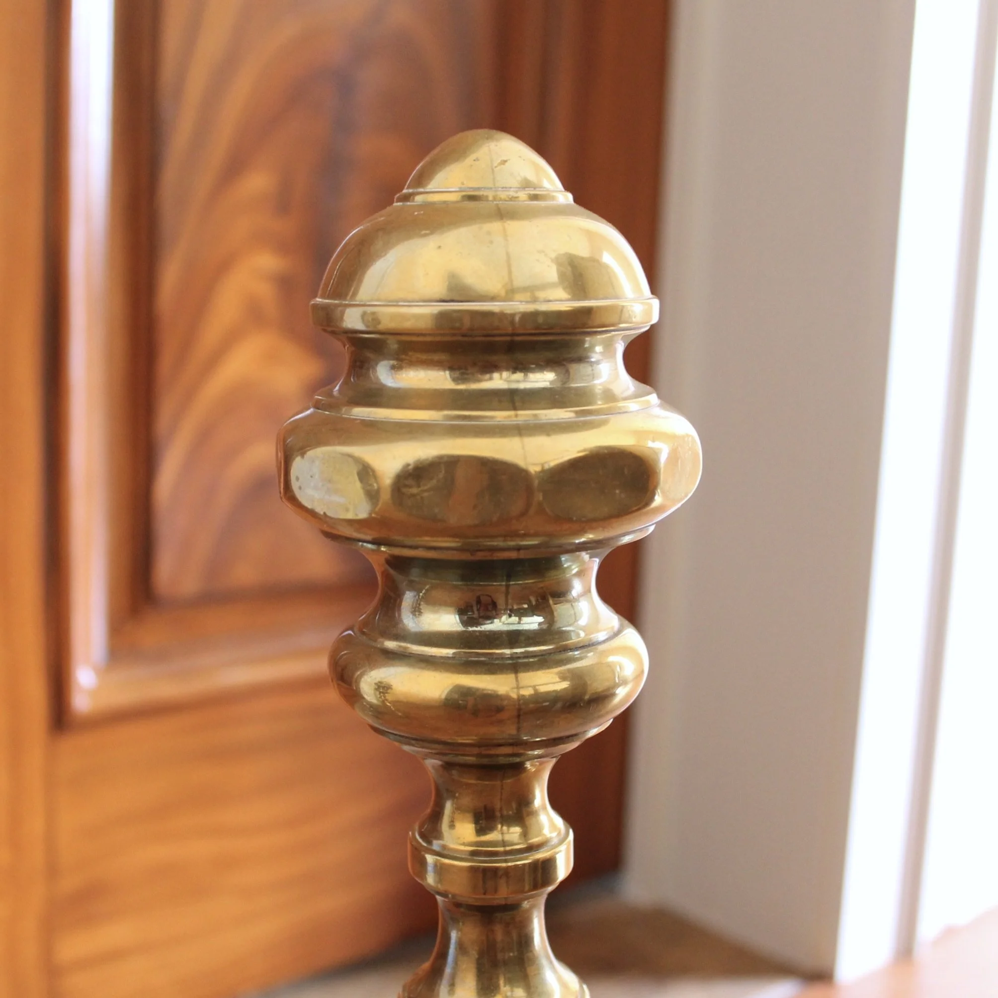Pair of Antique American Brass Andirons with Short Billets
