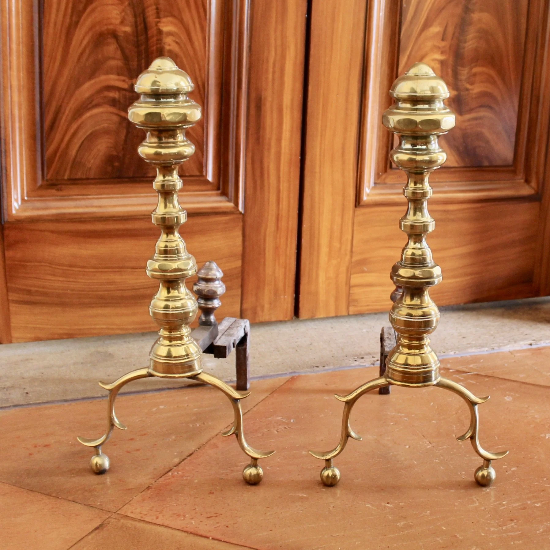 Pair of Antique American Brass Andirons with Short Billets