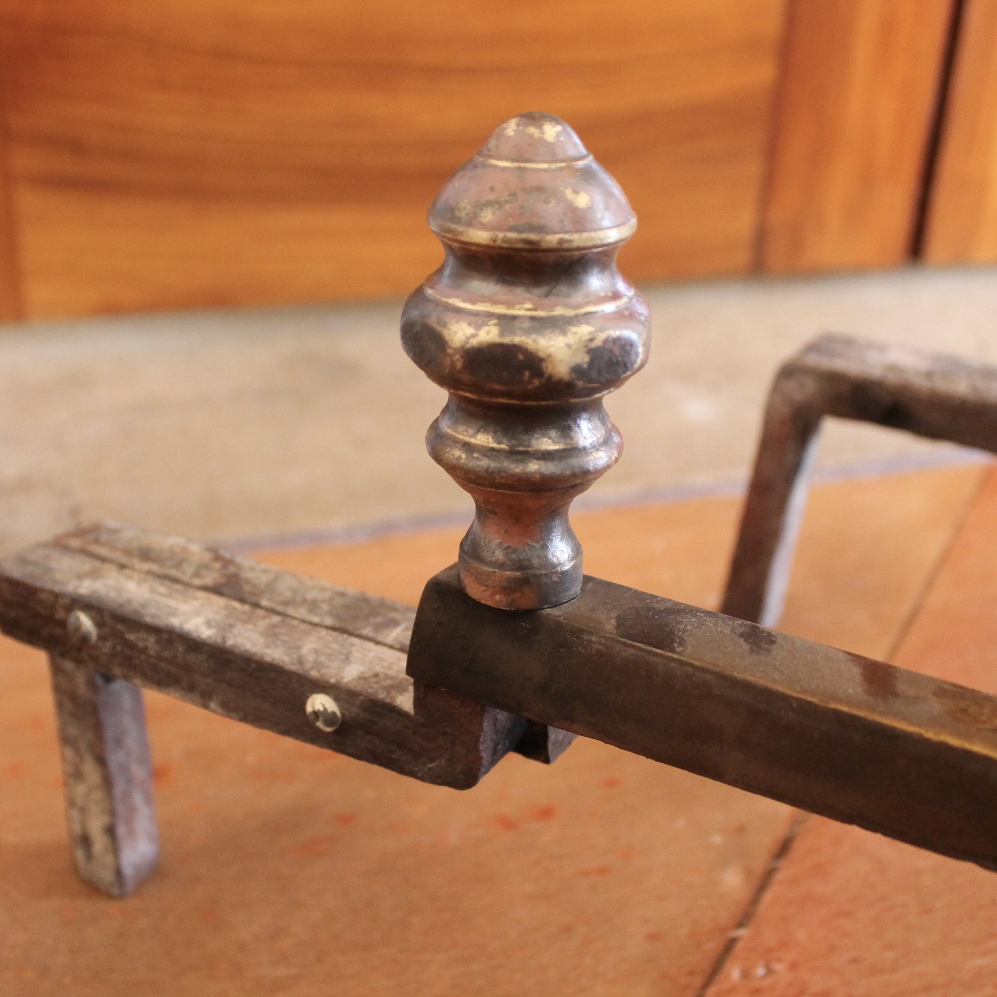 Pair of Antique American Brass Andirons with Short Billets