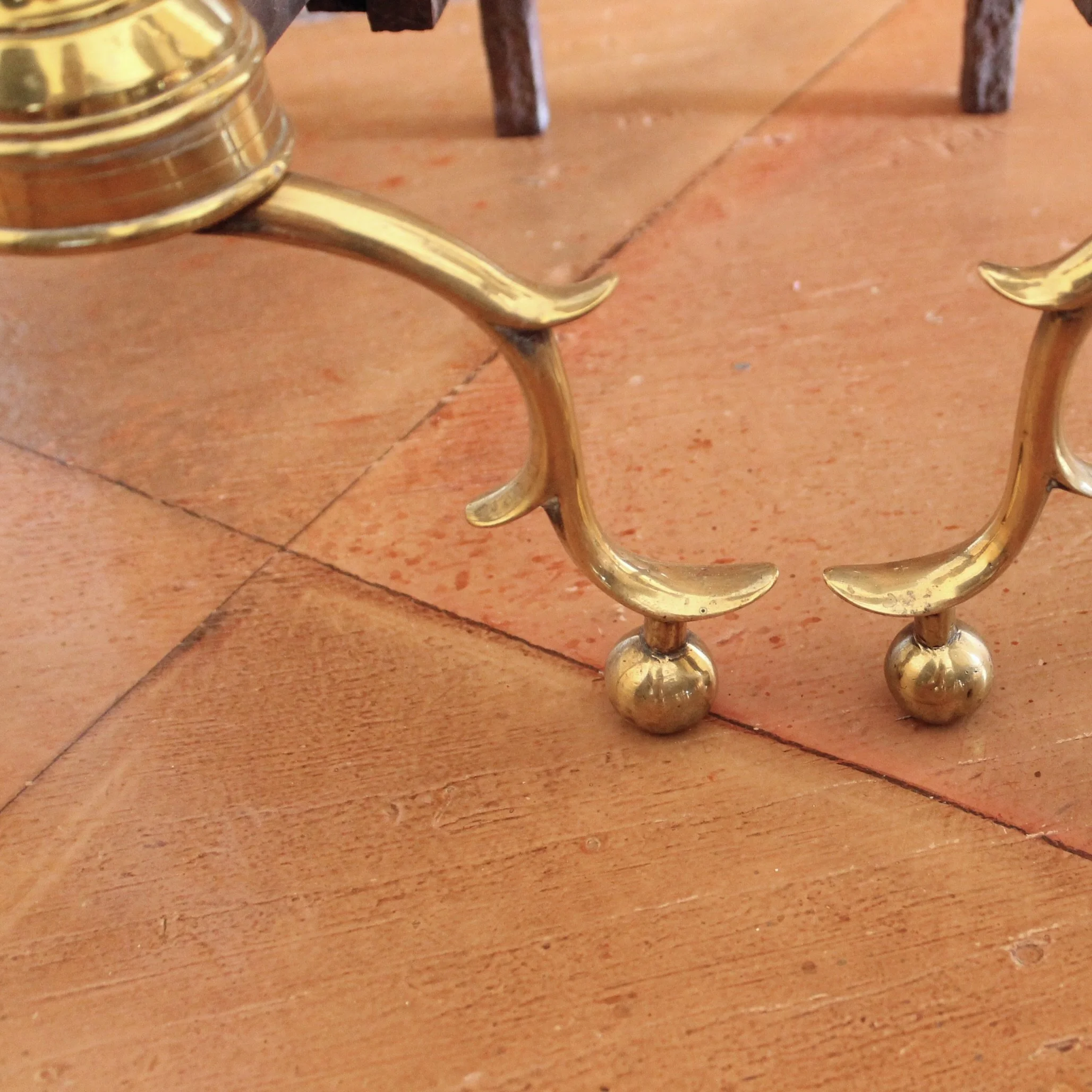 Pair of Antique American Brass Andirons with Short Billets