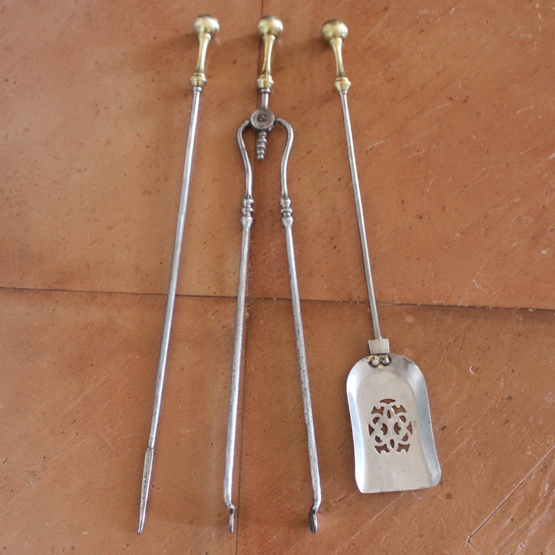 Georgian Polished Steel and Brass Firetools- Set of Three