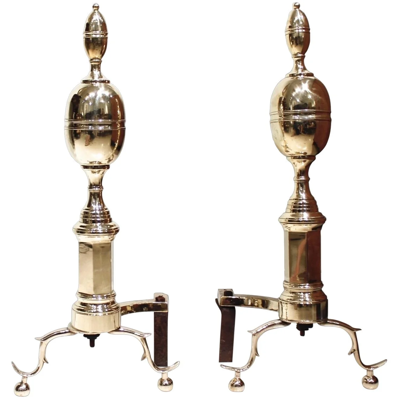Large Federal Style Double Lemon Top Brass Andirons- No Billets
