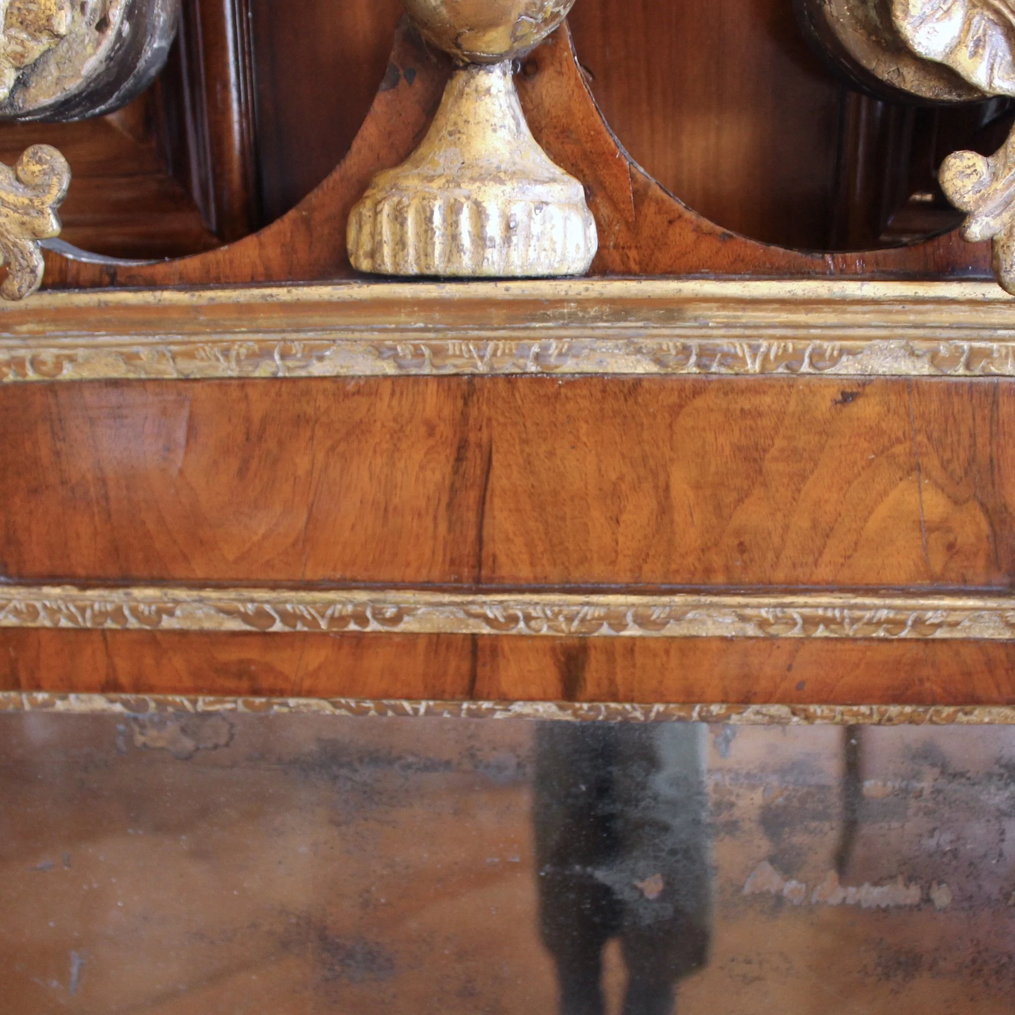 George II Period Scroll Pedimented Walnut and Giltwood Mirror with Eagle