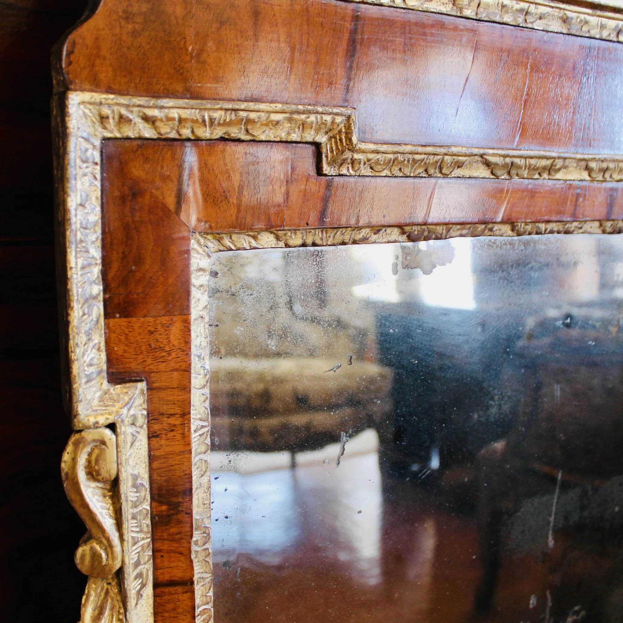 George II Period Scroll Pedimented Walnut and Giltwood Mirror with Eagle