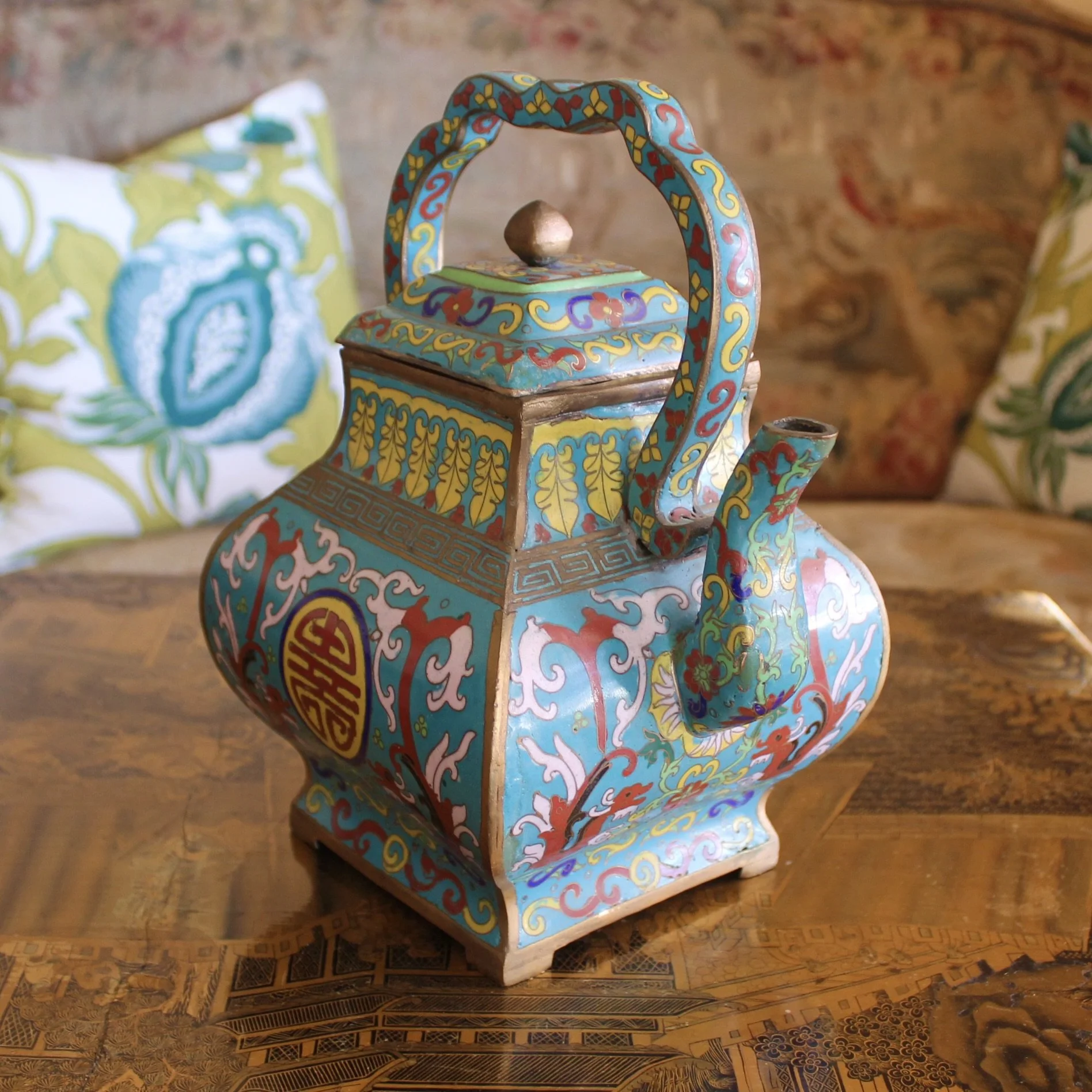 Chinese Turquoise Cloisonné Enamel on Bronze Teapot