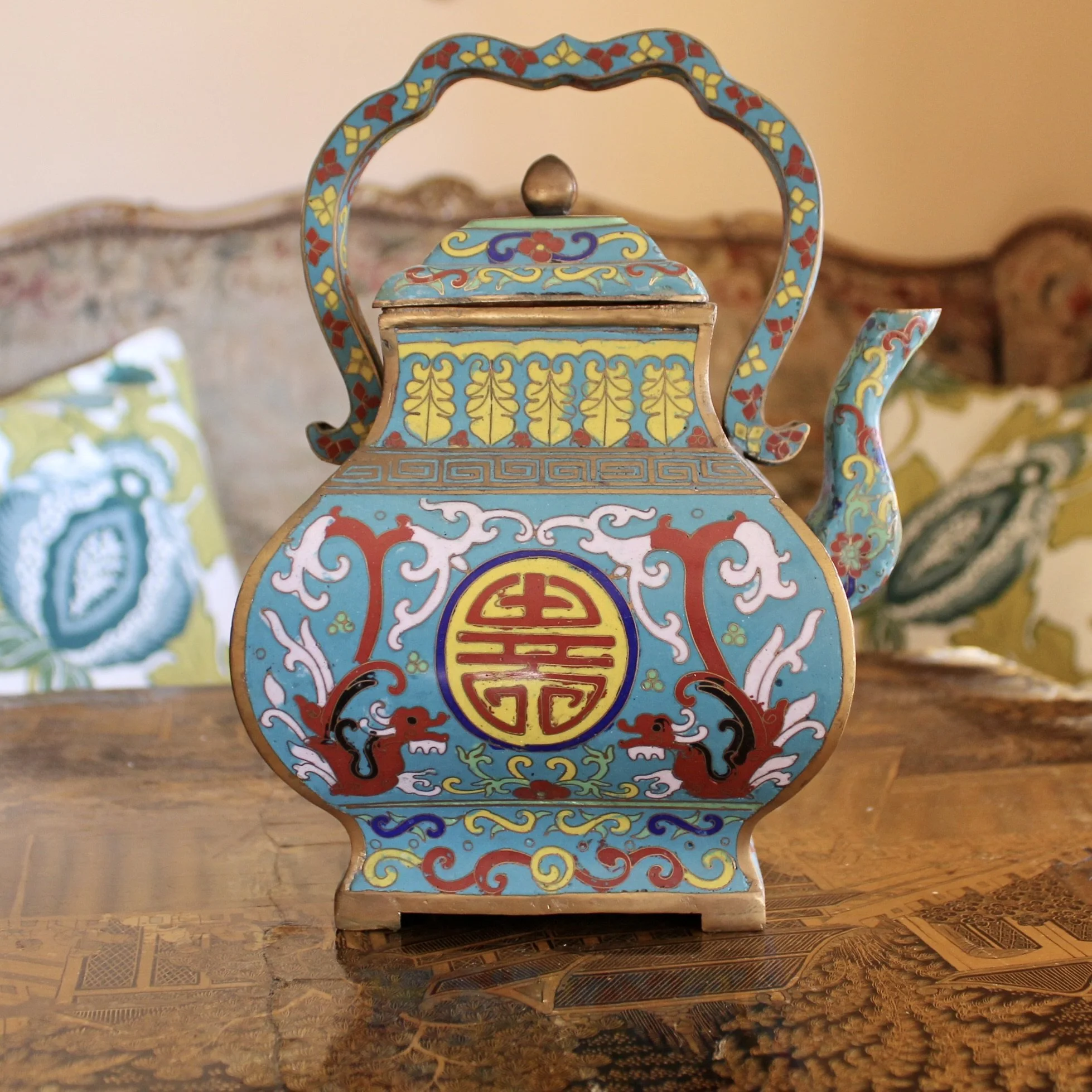 Chinese Turquoise Cloisonné Enamel on Bronze Teapot