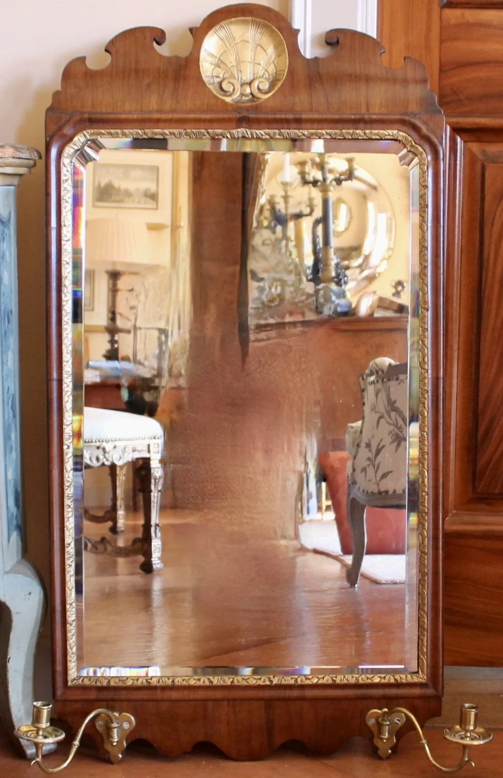 English Queen Anne Girandole Mirror, Parcel Gilt Walnut