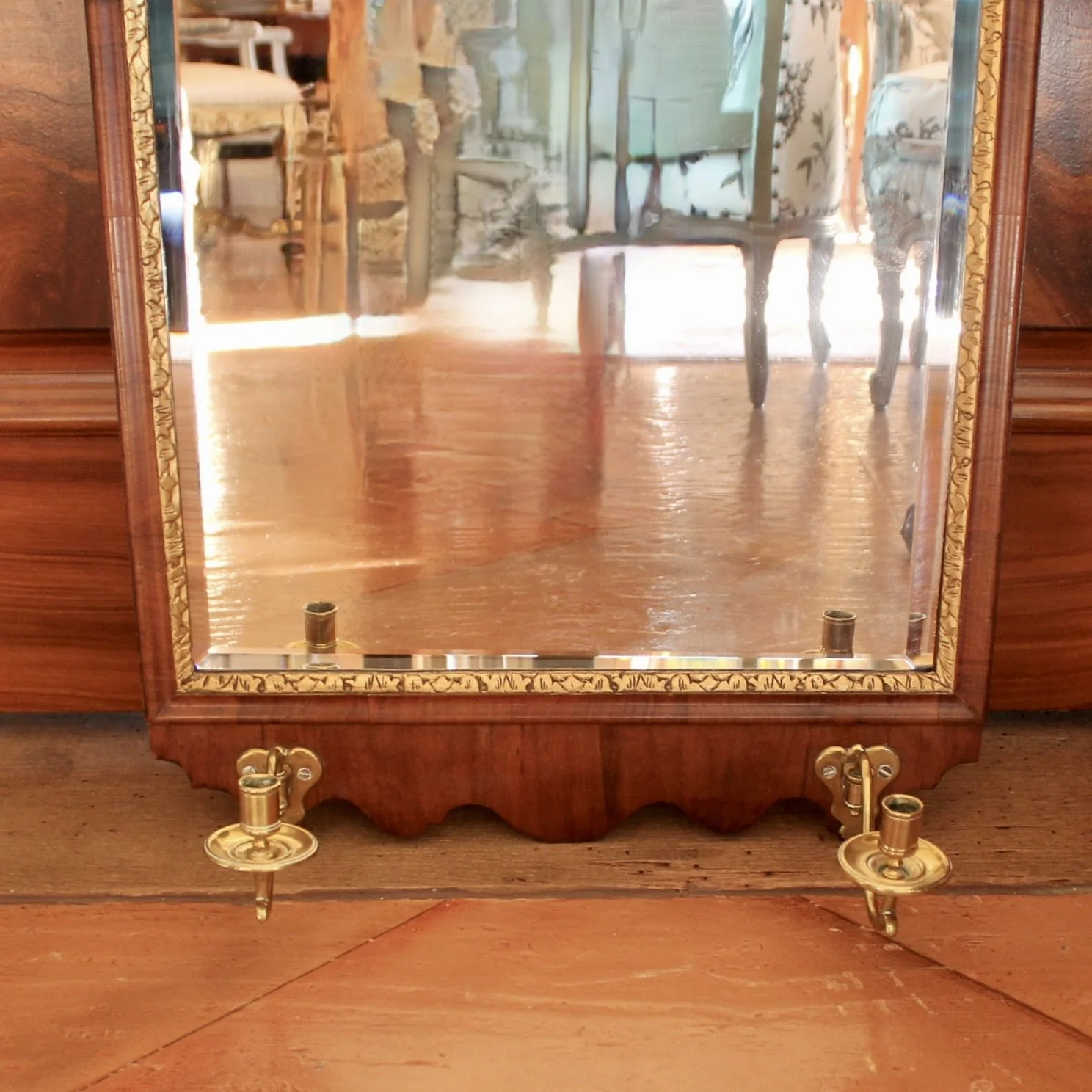 English Queen Anne Girandole Mirror, Parcel Gilt Walnut