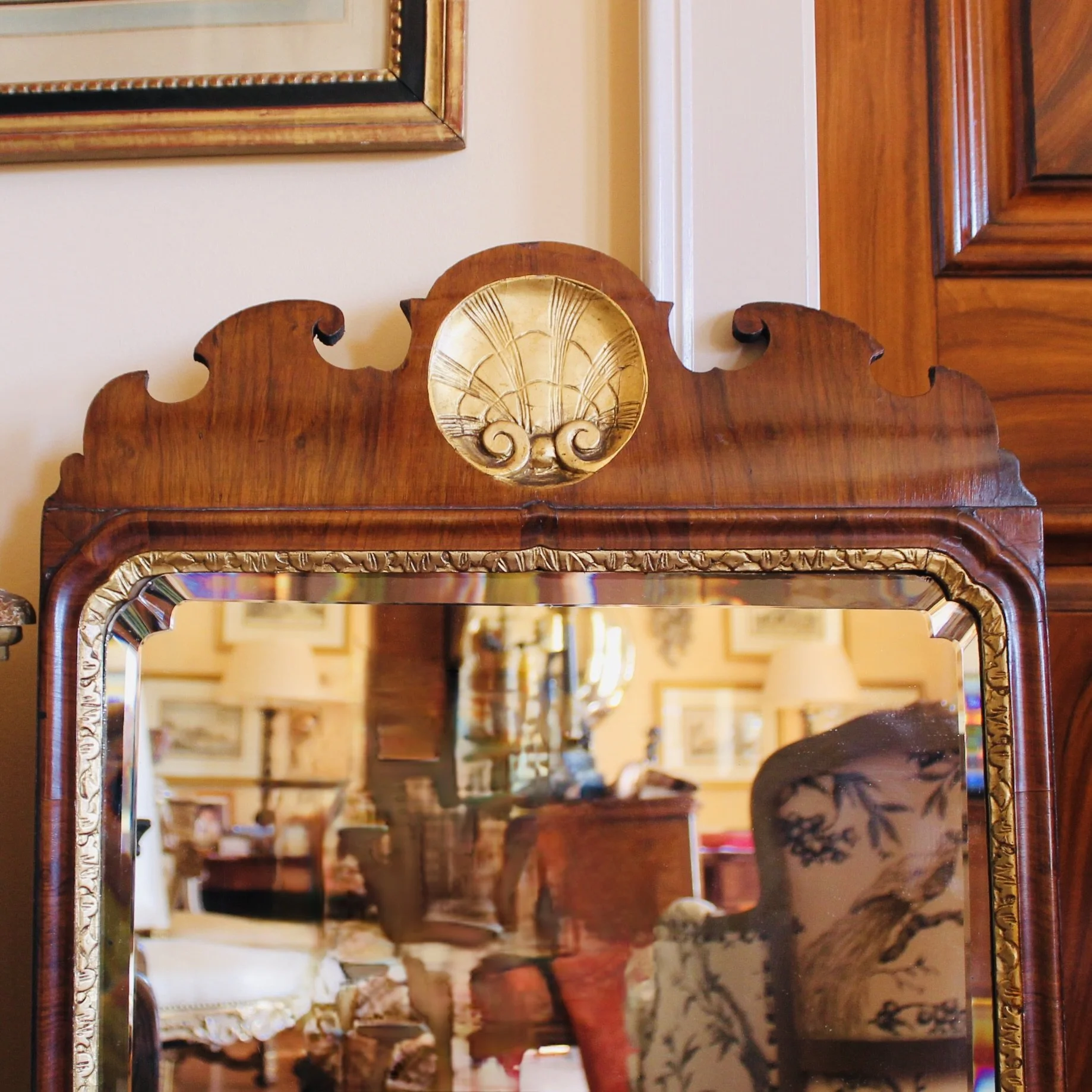 English Queen Anne Girandole Mirror, Parcel Gilt Walnut