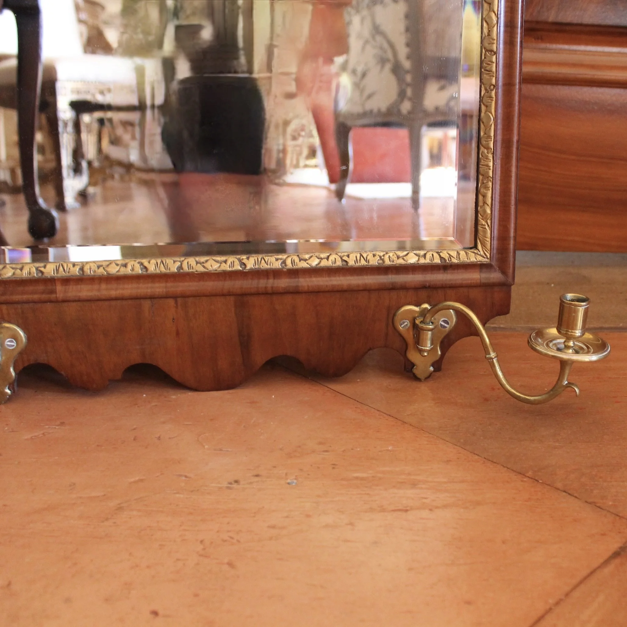 English Queen Anne Girandole Mirror, Parcel Gilt Walnut