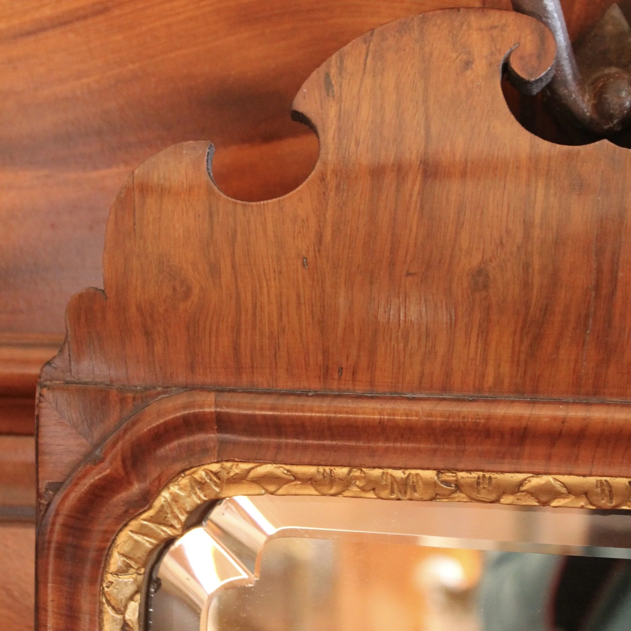 English Queen Anne Girandole Mirror, Parcel Gilt Walnut