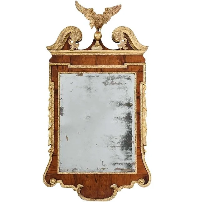 George II Period Scroll Pedimented Walnut and Giltwood Mirror with Eagle