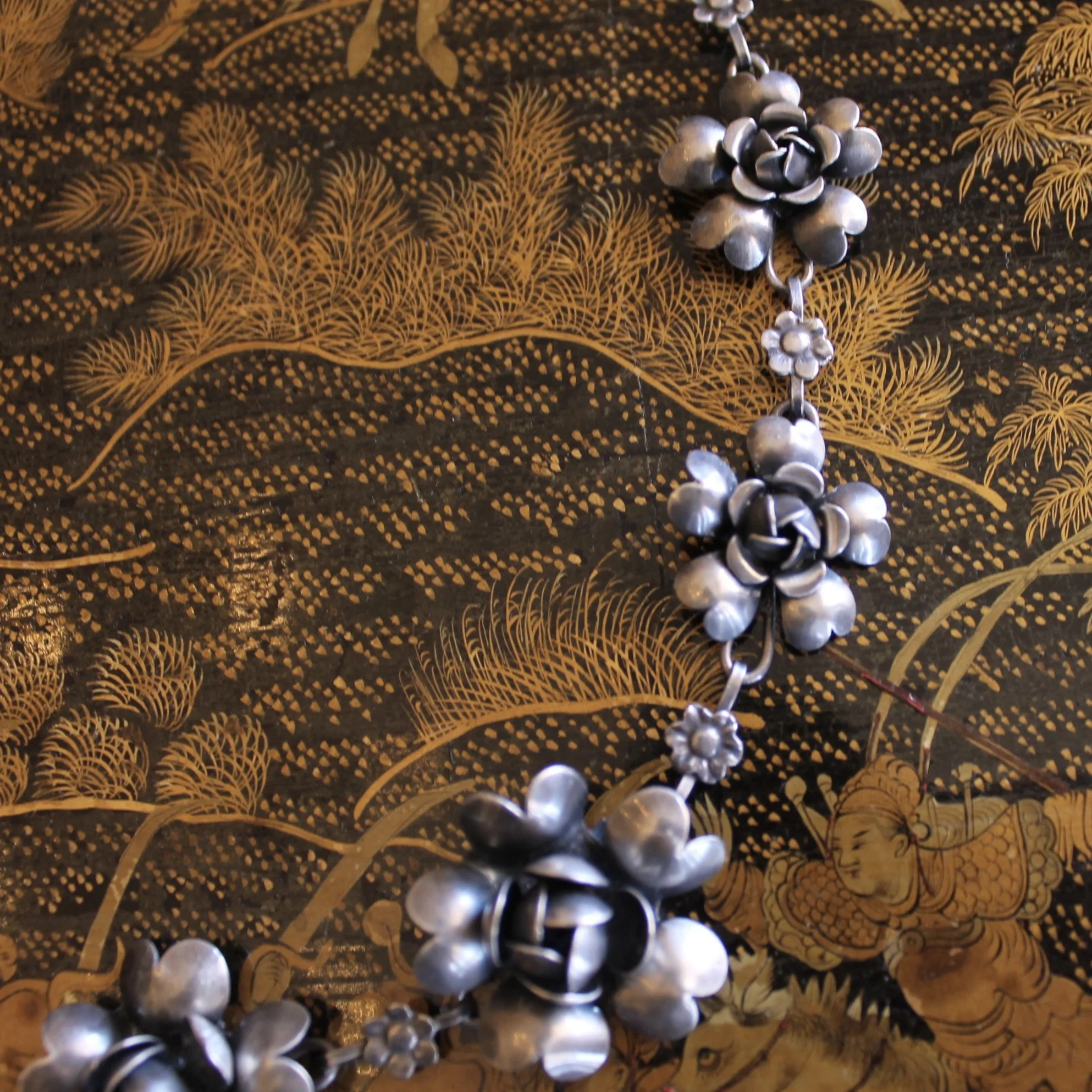 French Artisanal Sterling Silver Florette Necklace and Matching Earrings