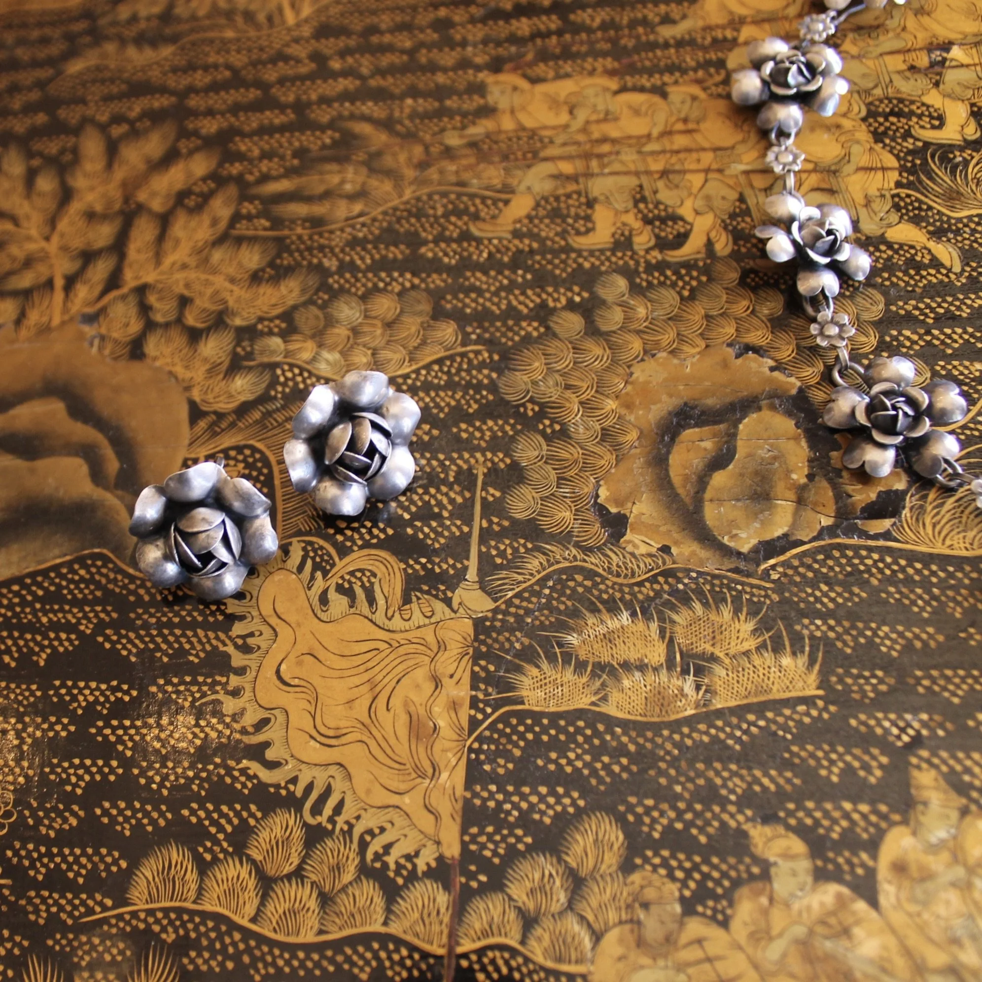 French Artisanal Sterling Silver Florette Necklace and Matching Earrings