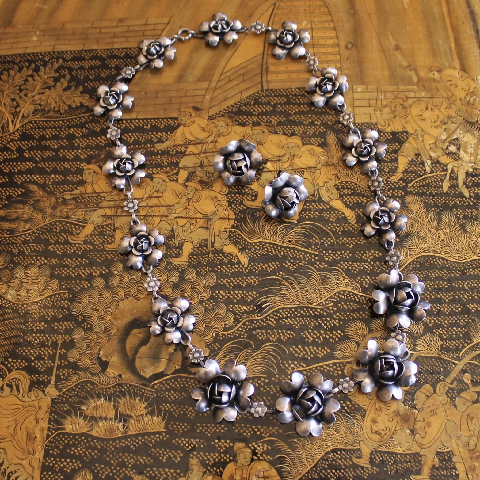 French Artisanal Sterling Silver Florette Necklace and Matching Earrings