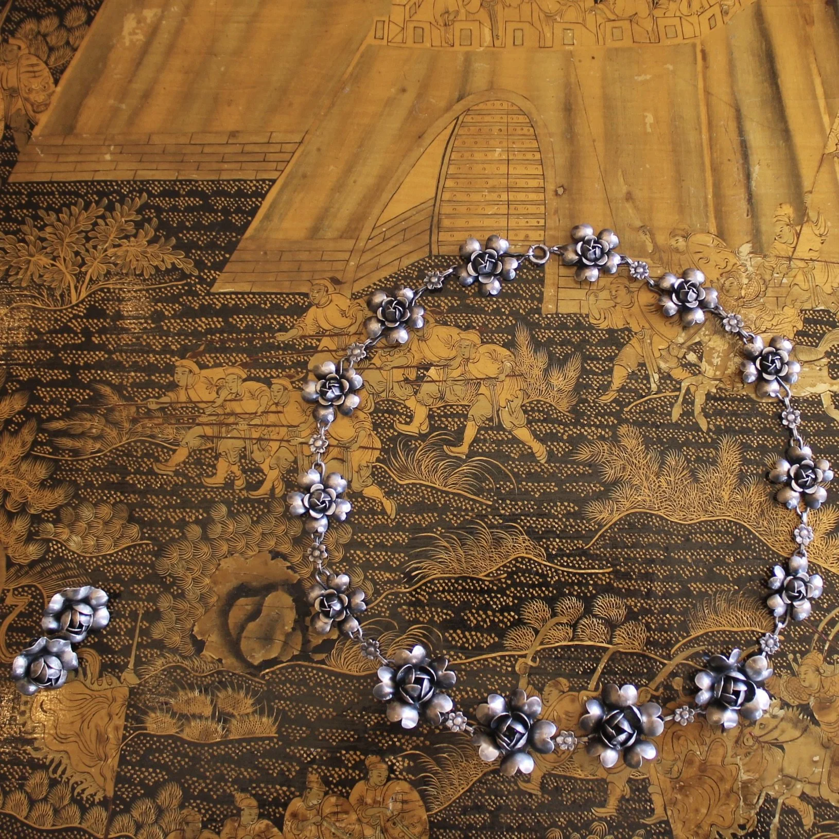 French Artisanal Sterling Silver Florette Necklace and Matching Earrings