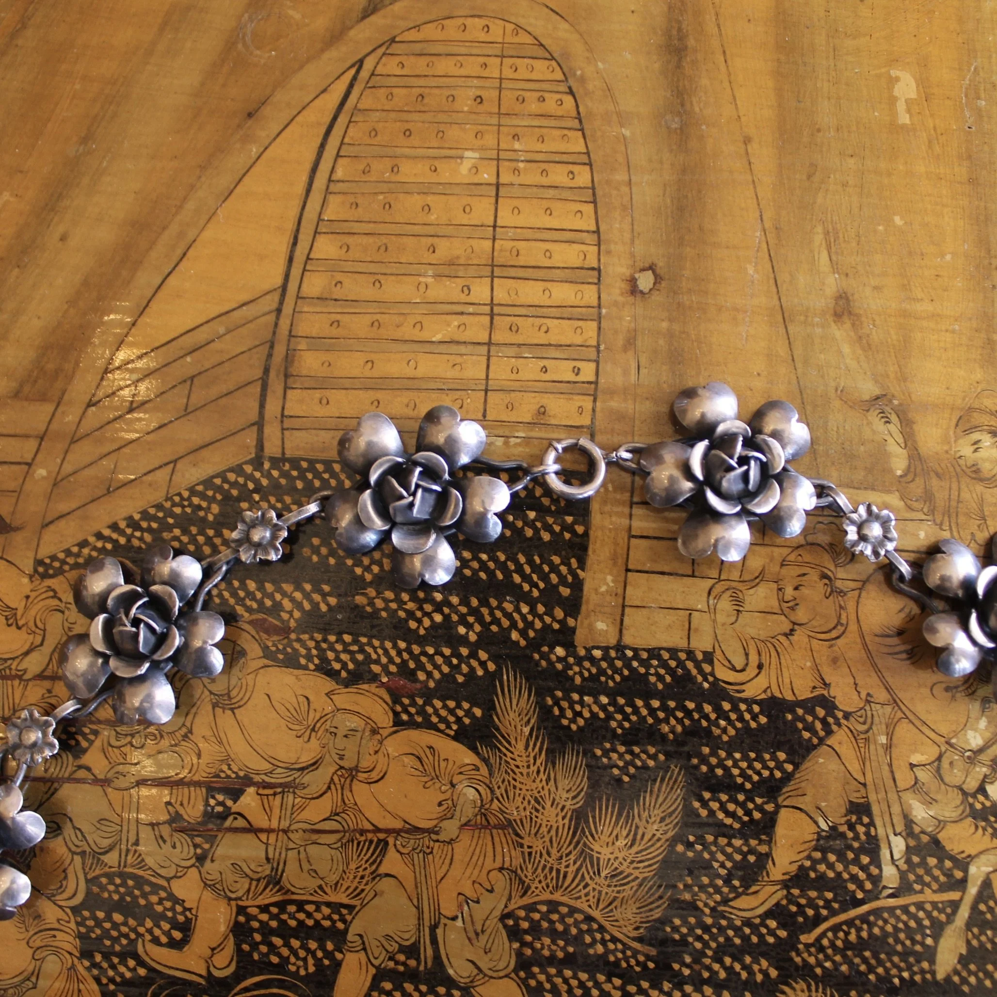 French Artisanal Sterling Silver Florette Necklace and Matching Earrings