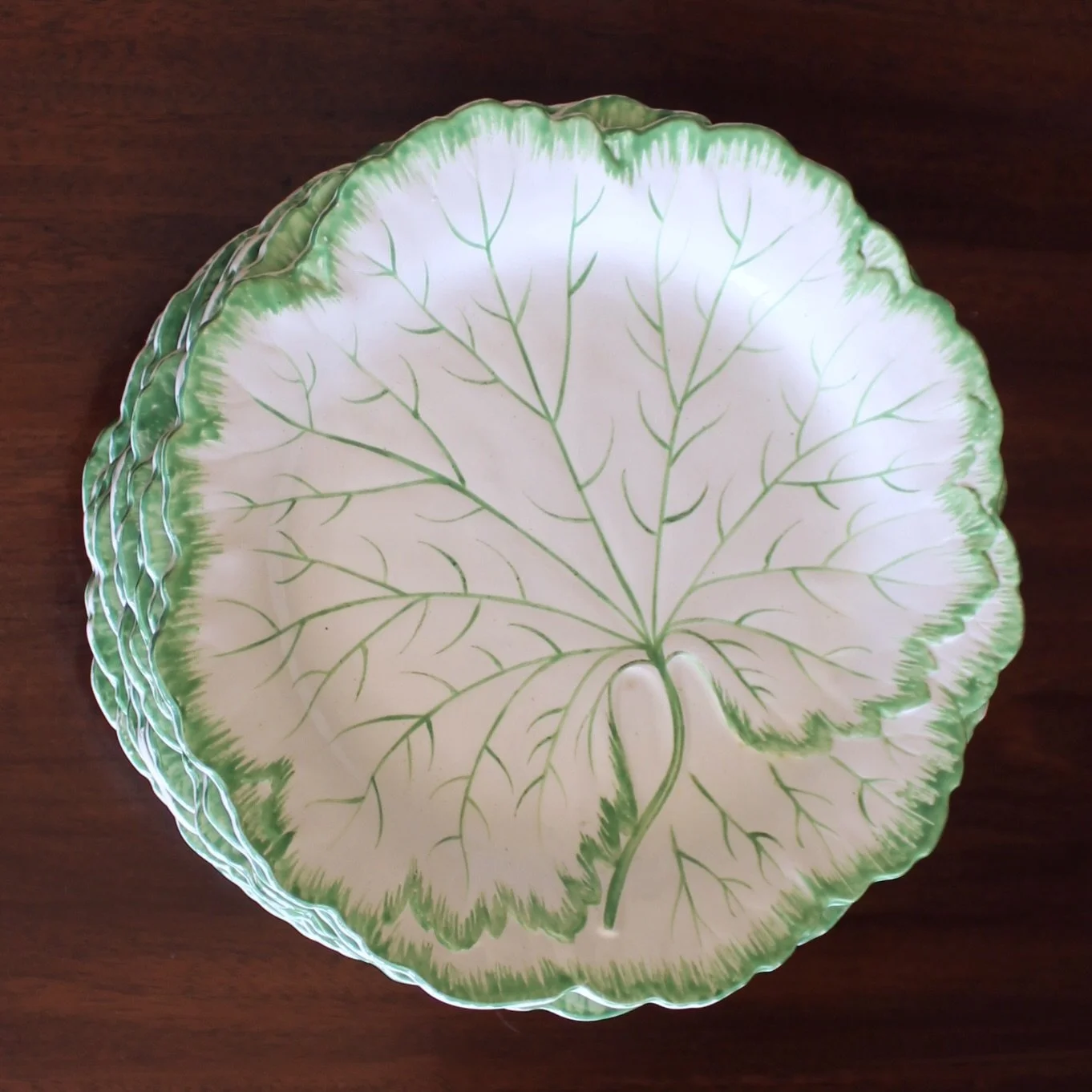 Rare Set of 12 Wedgwood White Majolica Geranium Leaf Dessert Plates