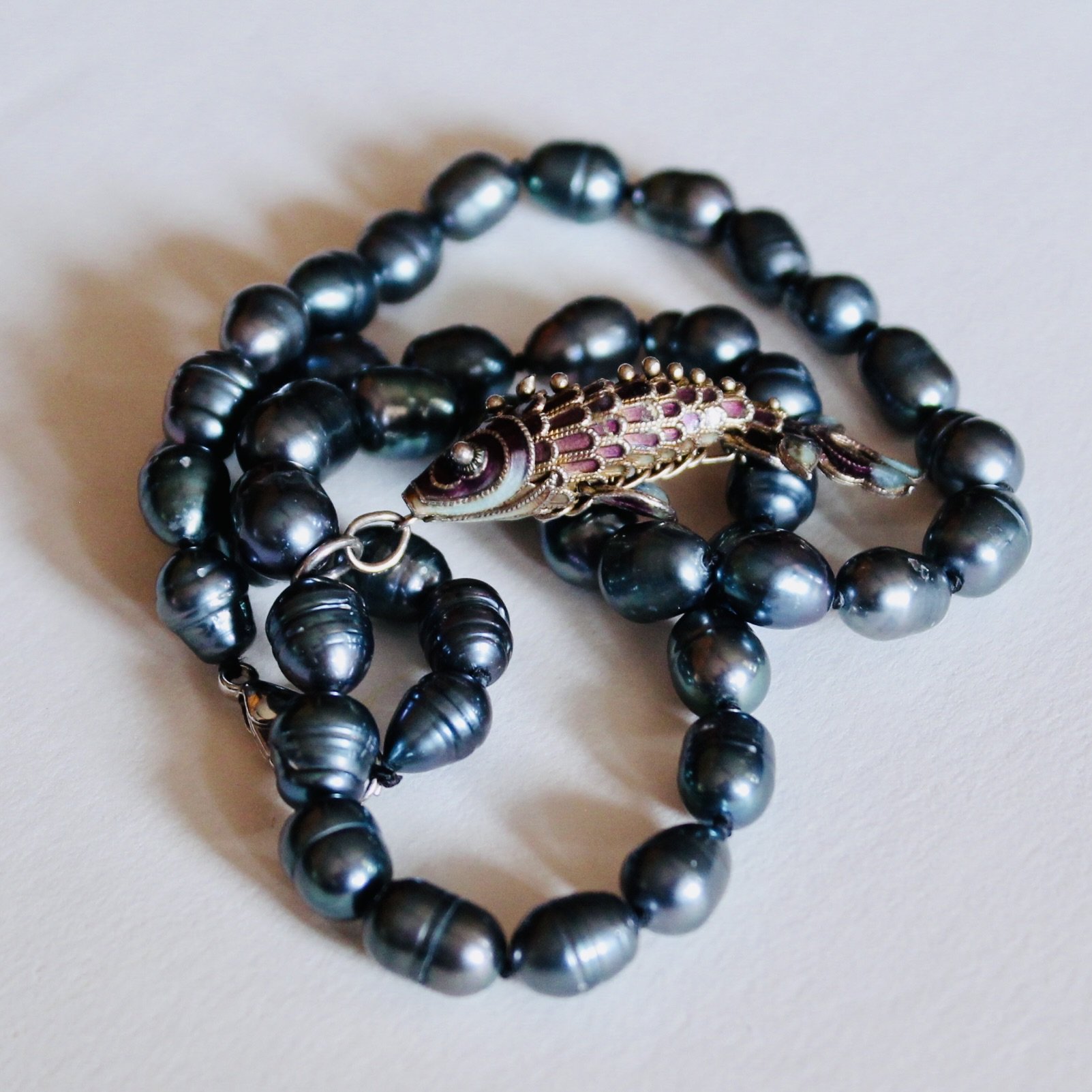 Black Baroque Pearl Necklace with Silver and Enamel Koi Pendant